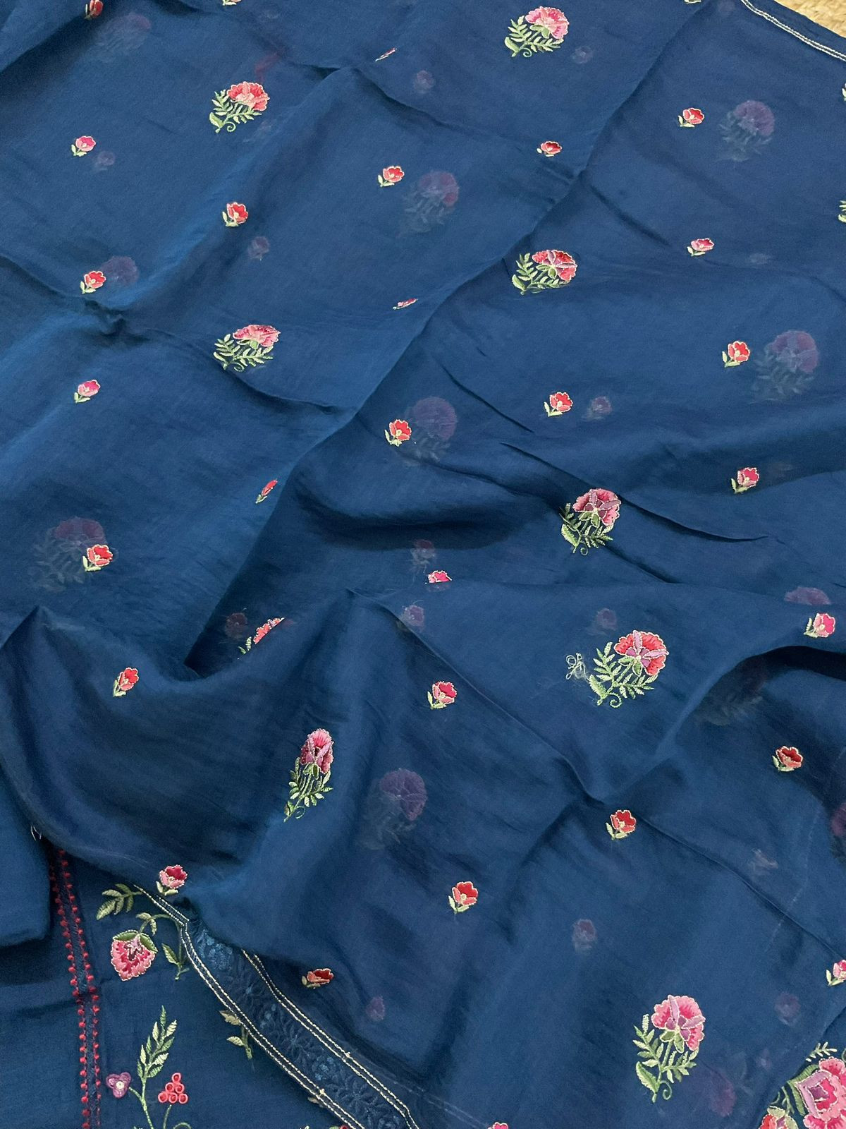 Pure Mul Chanderi Embroidered Suit - Blue