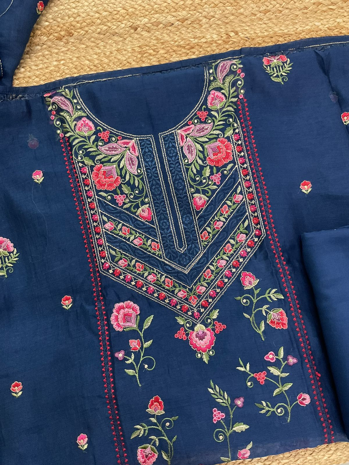 Pure Mul Chanderi Embroidered Suit - Blue