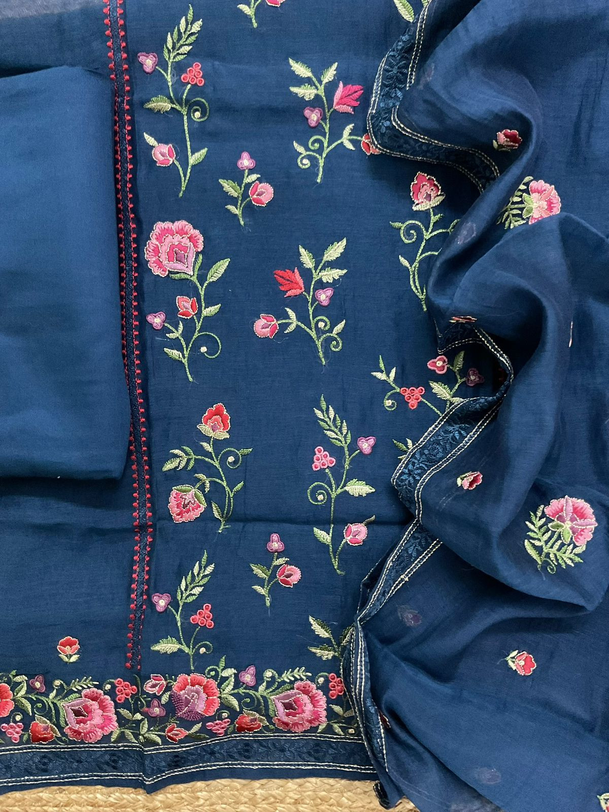 Pure Mul Chanderi Embroidered Suit - Blue