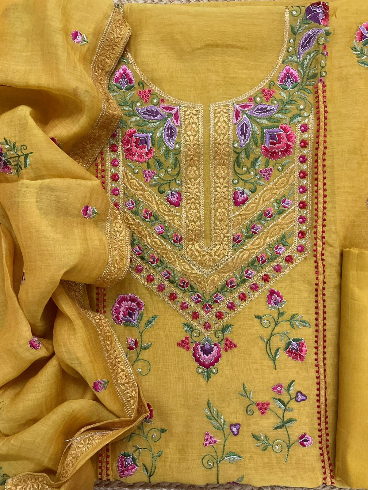 Pure Mul Chanderi Embroidered Suit - Yellow