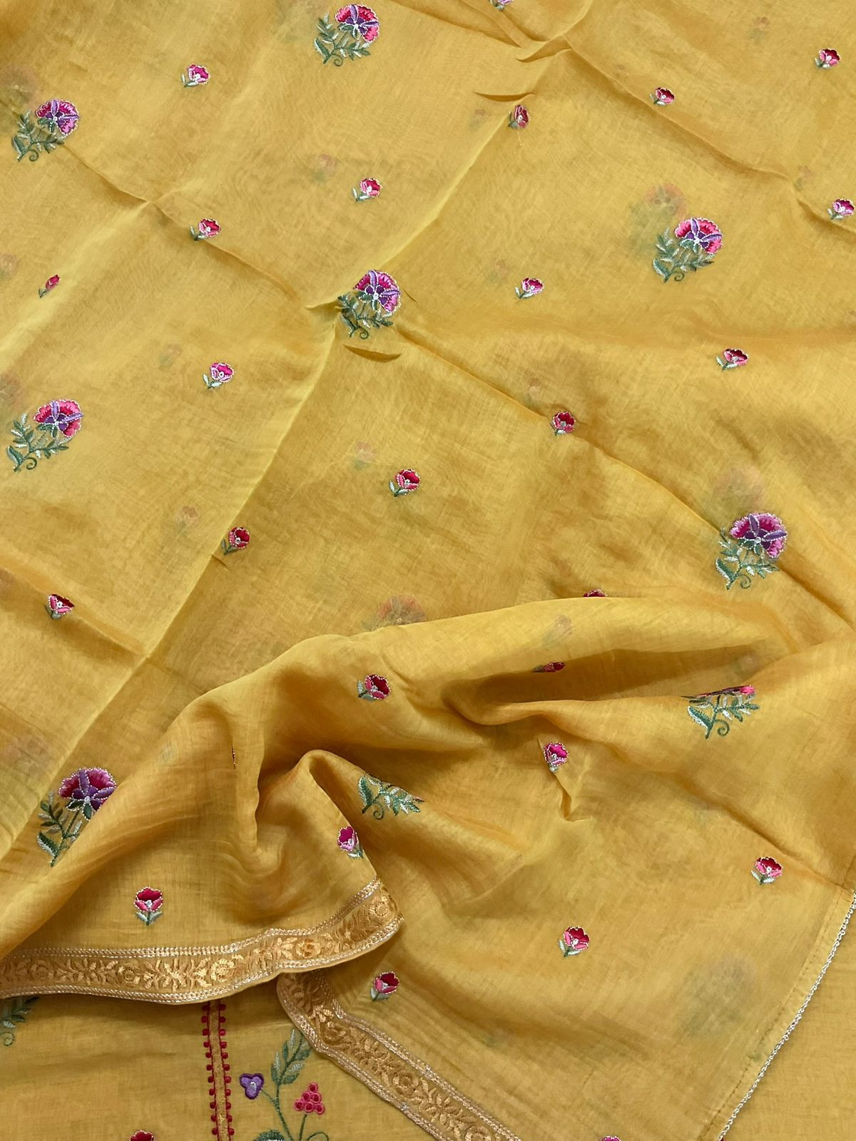 Pure Mul Chanderi Embroidered Suit - Yellow