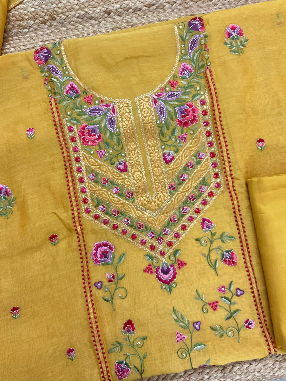 Pure Mul Chanderi Embroidered Suit - Yellow