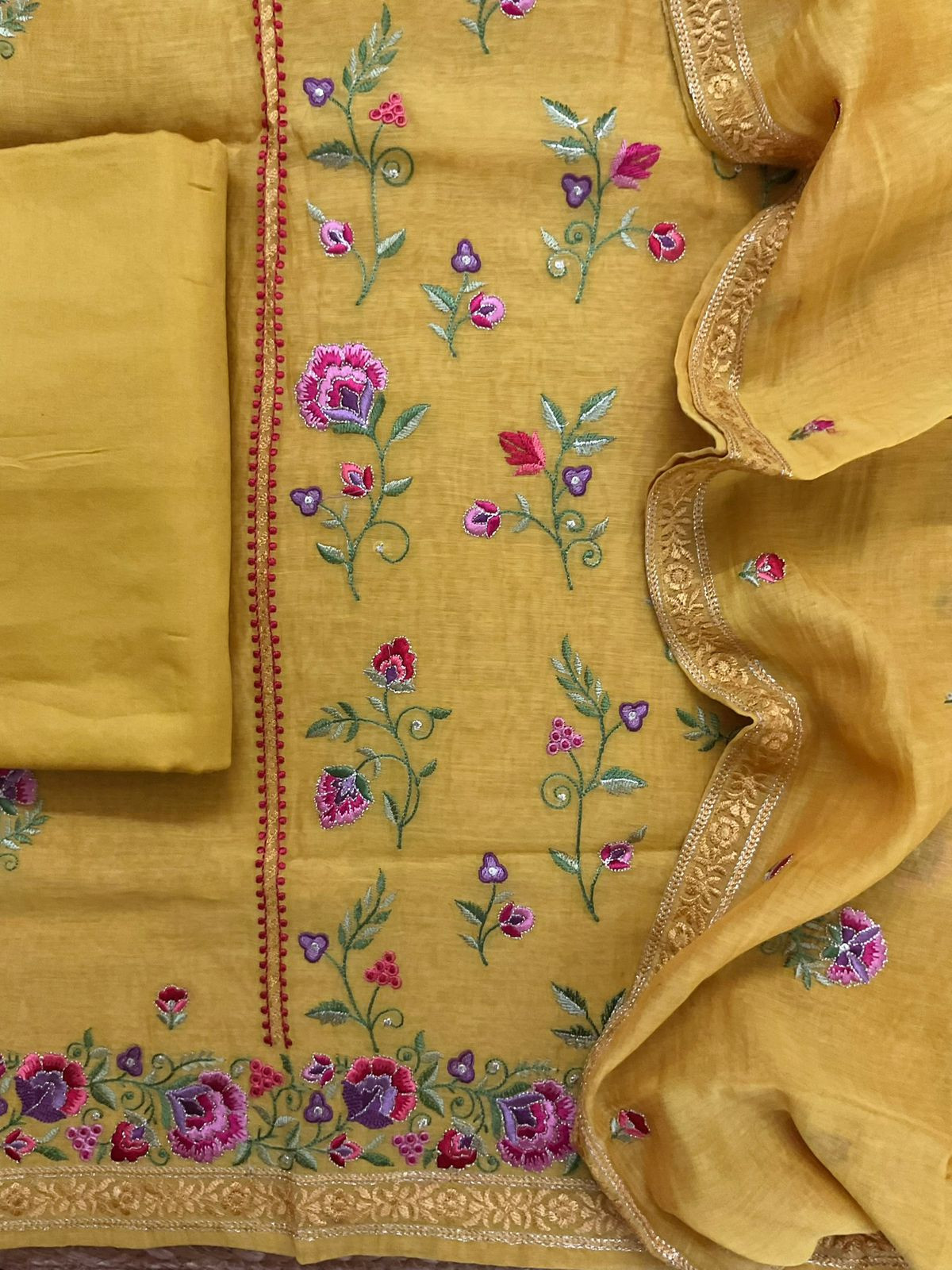 Pure Mul Chanderi Embroidered Suit - Yellow