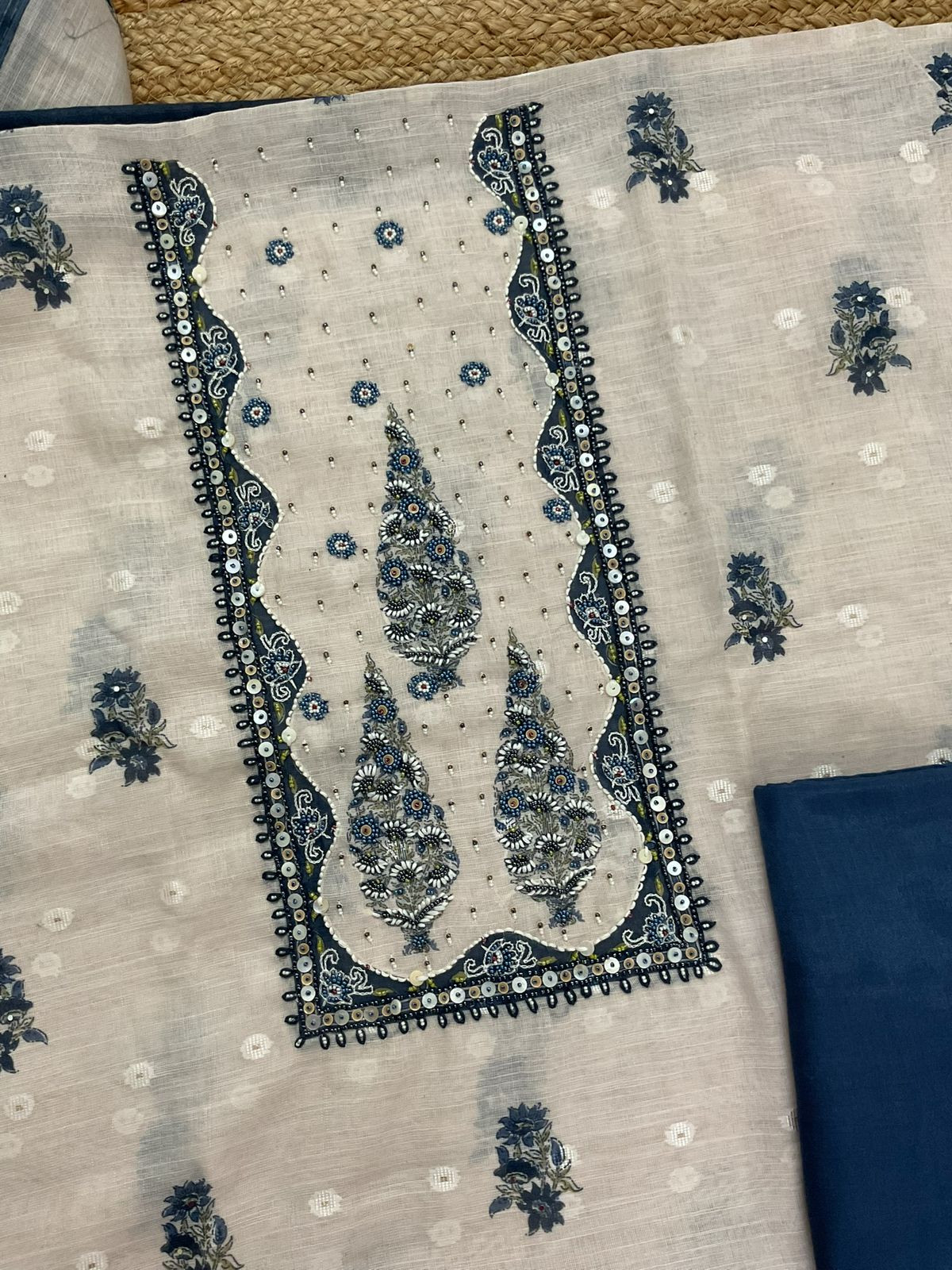 Soft Linen Jute Cotton Printed Embroidered Suit - Light Cream