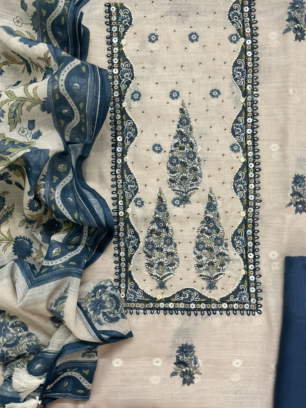Soft Linen Jute Cotton Printed Embroidered Suit - Light Cream