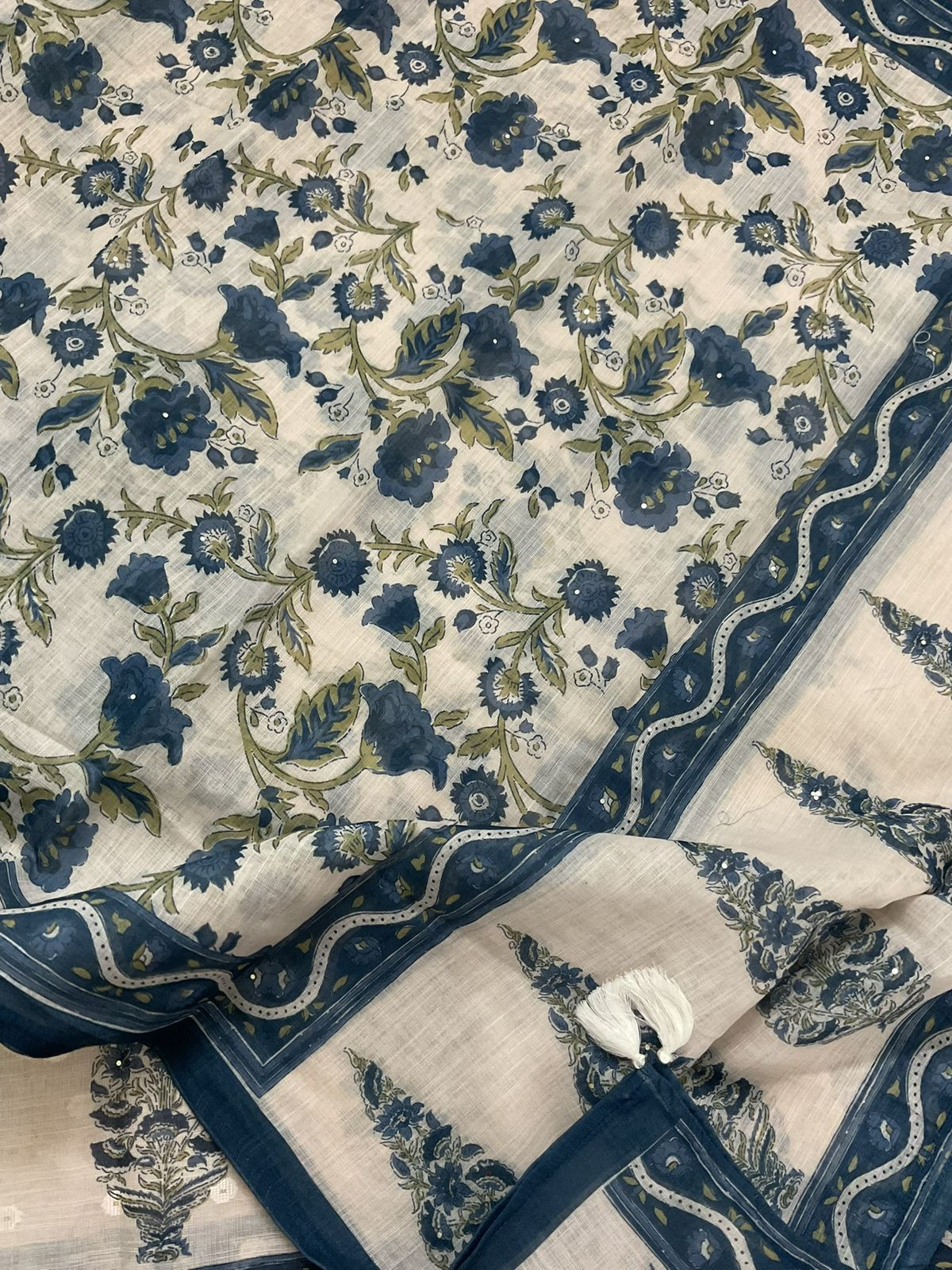 Soft Linen Jute Cotton Printed Embroidered Suit - Light Cream