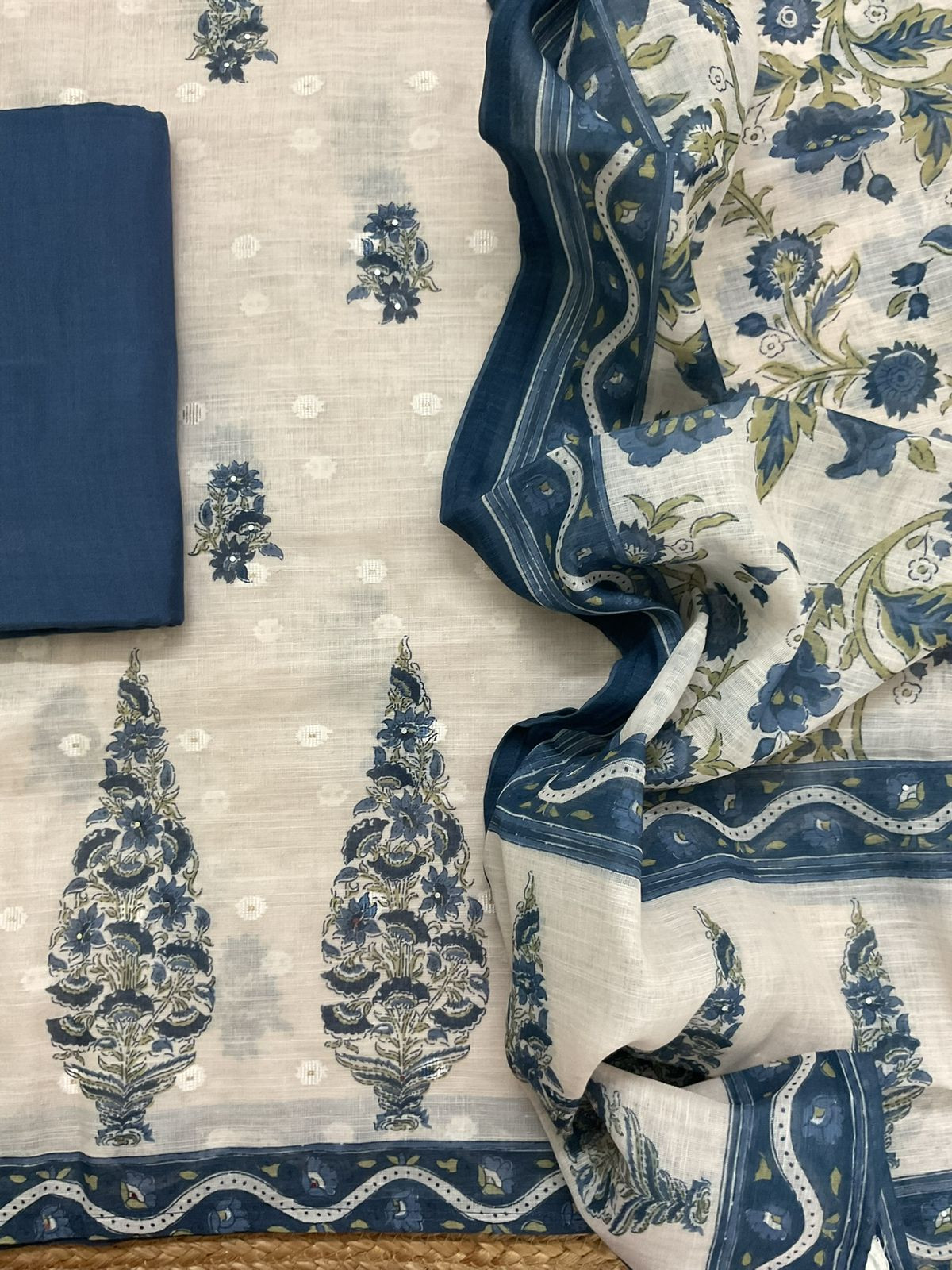 Soft Linen Jute Cotton Printed Embroidered Suit - Light Cream