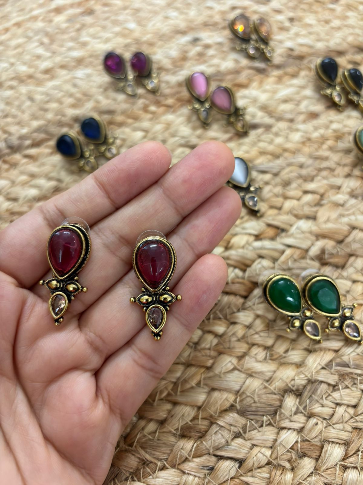 Metallic Oxidised Gold Earrings With Stone Settings - Maroon