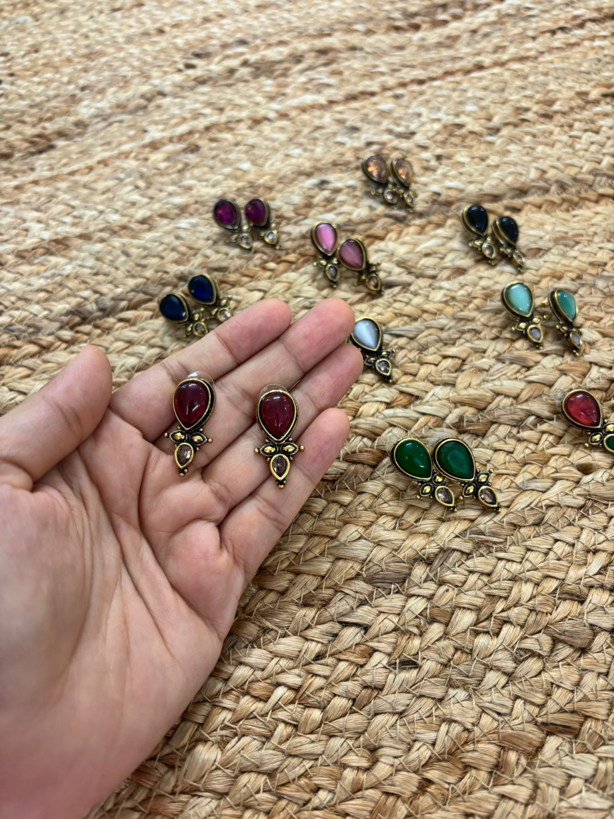 Metallic Oxidised Gold Earrings With Stone Settings - Maroon