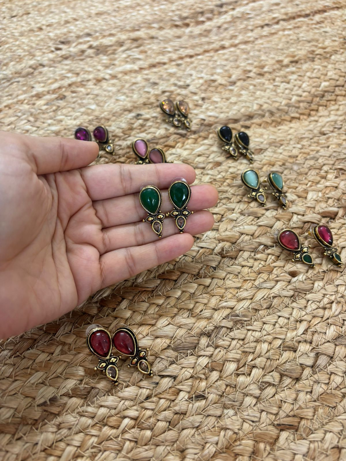Metallic Oxidised Gold Earrings With Stone Settings - Green