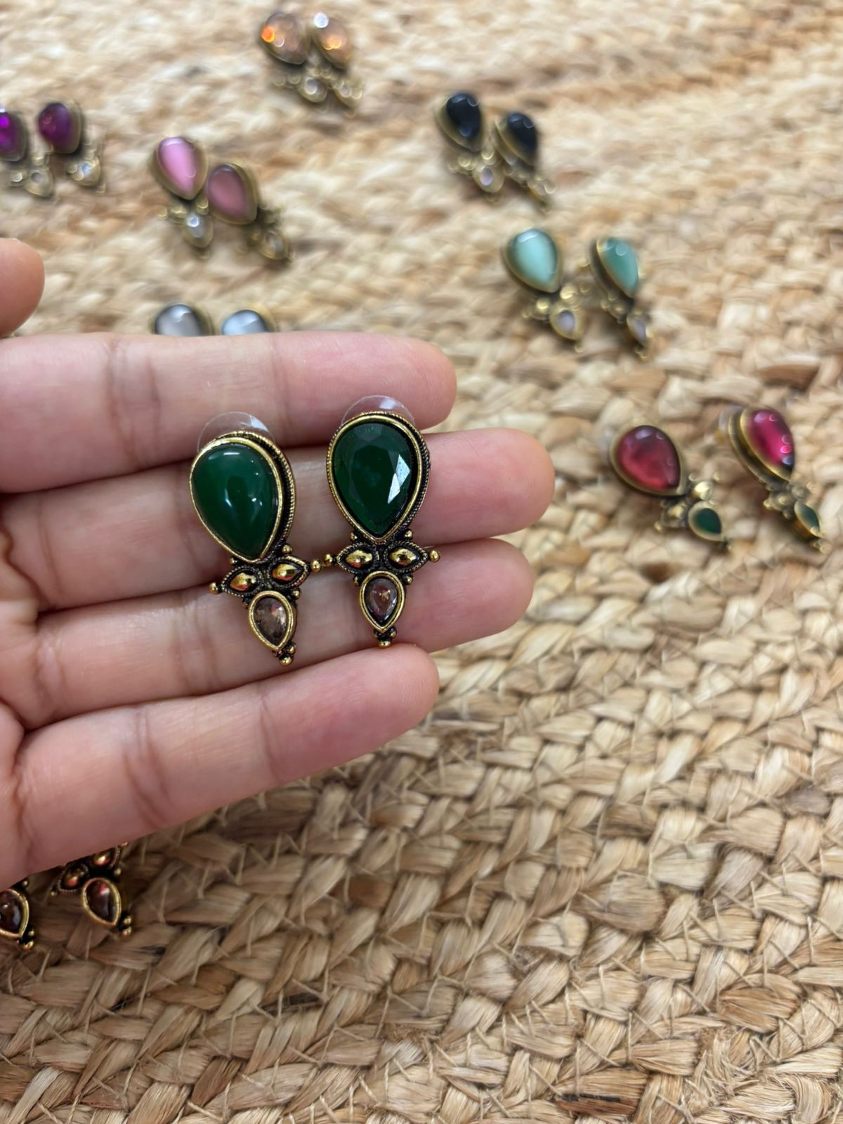 Metallic Oxidised Gold Earrings With Stone Settings - Green