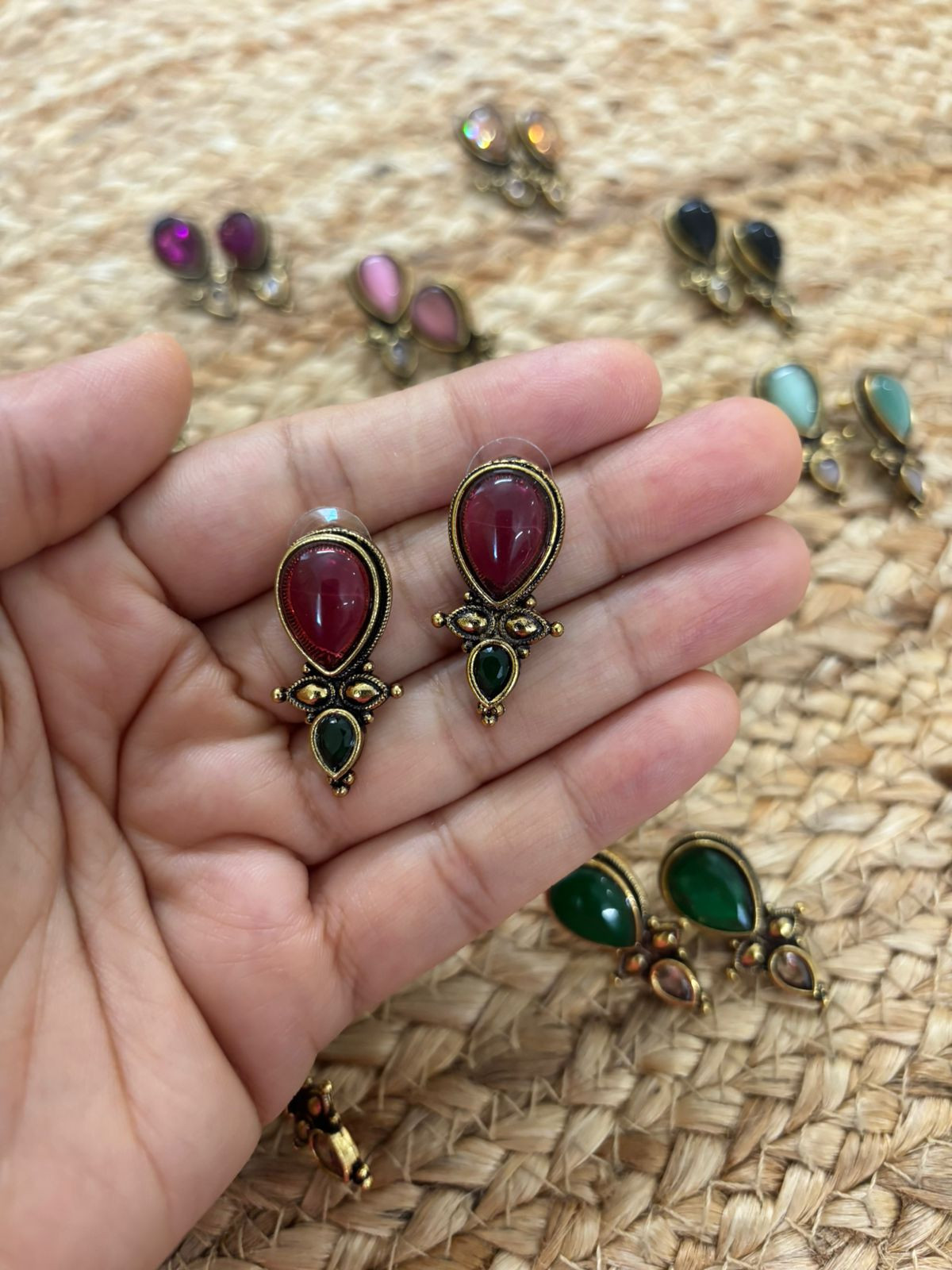 Metallic Oxidised Gold Earrings With Stone Settings - Maroon-Green