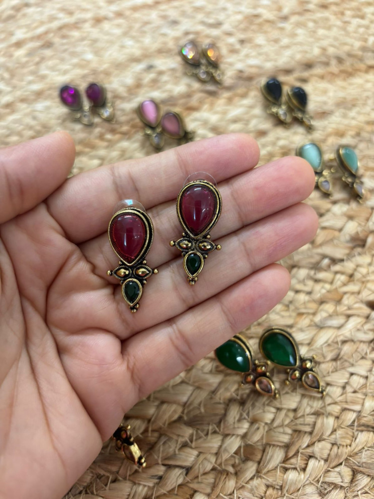 Image of Metallic Oxidised Gold Earrings With Stone Settings - Maroon-Green