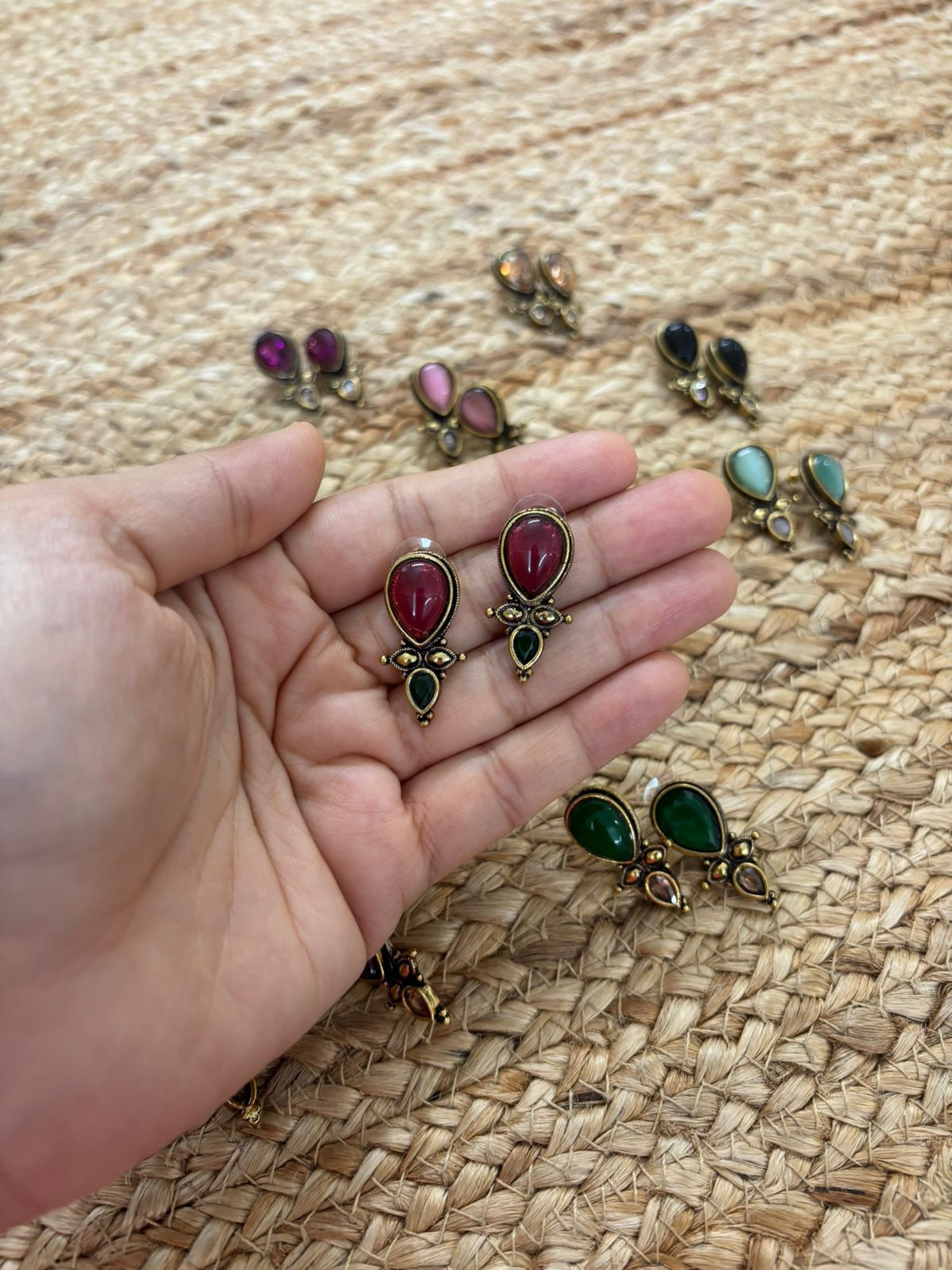 Metallic Oxidised Gold Earrings With Stone Settings - Maroon-Green