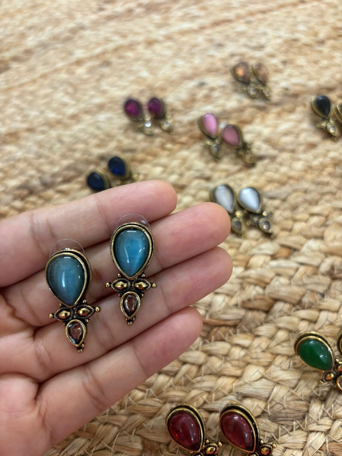 Metallic Oxidised Gold Earrings With Stone Settings - Sea Blue