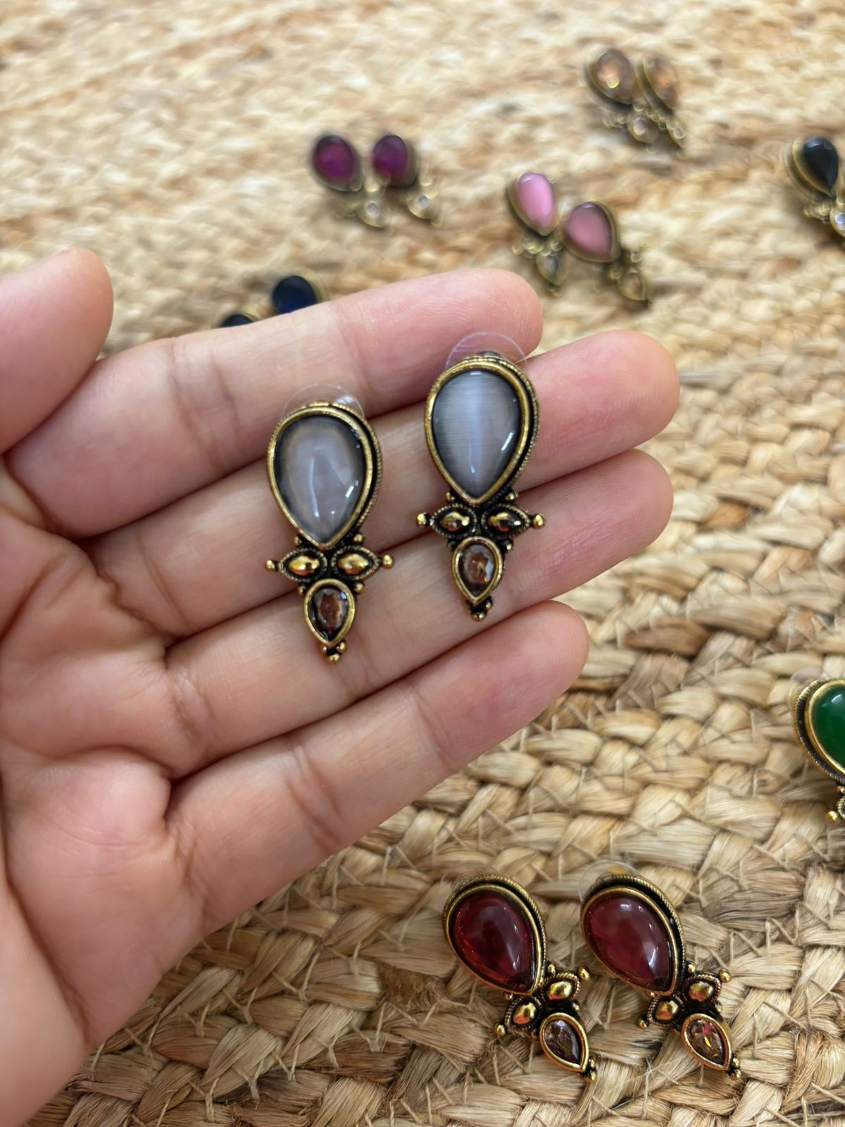 Metallic Oxidised Gold Earrings With Stone Settings - White