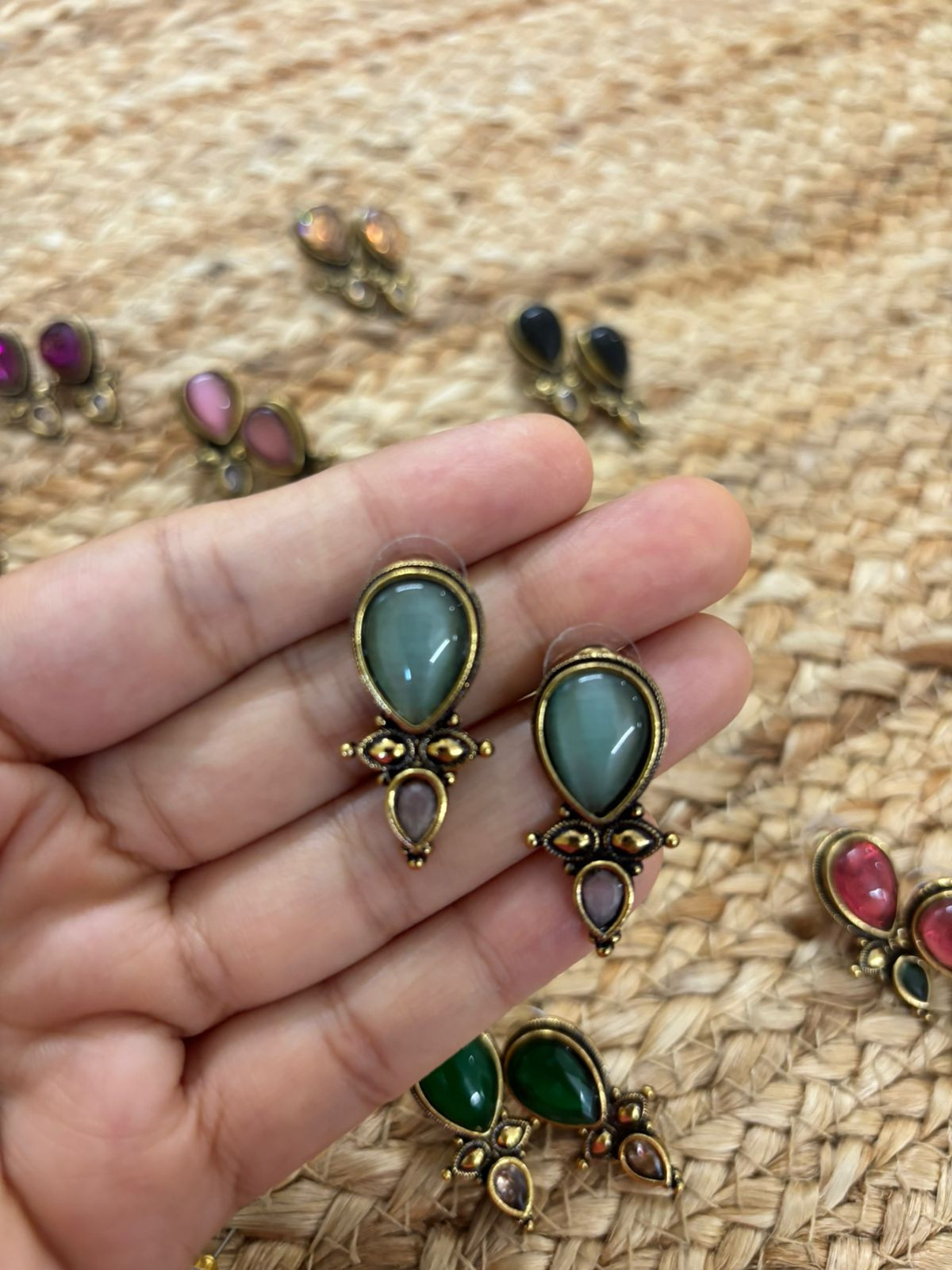 Metallic Oxidised Gold Earrings With Stone Settings - Sea Green