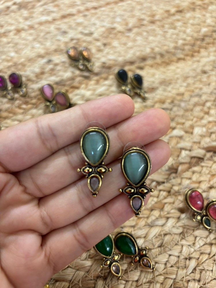 Image of Metallic Oxidised Gold Earrings With Stone Settings - Sea Green
