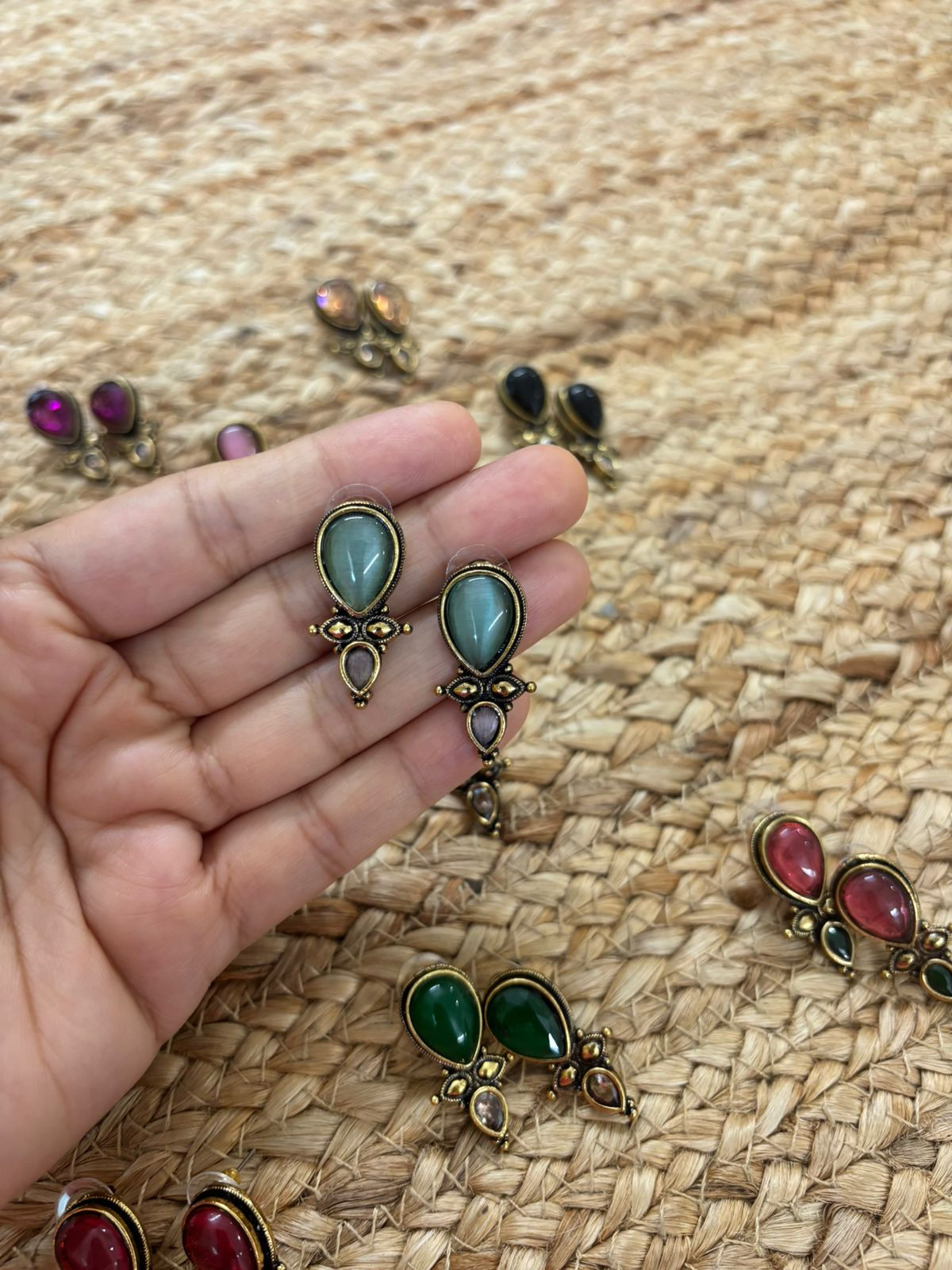 Metallic Oxidised Gold Earrings With Stone Settings - Sea Green