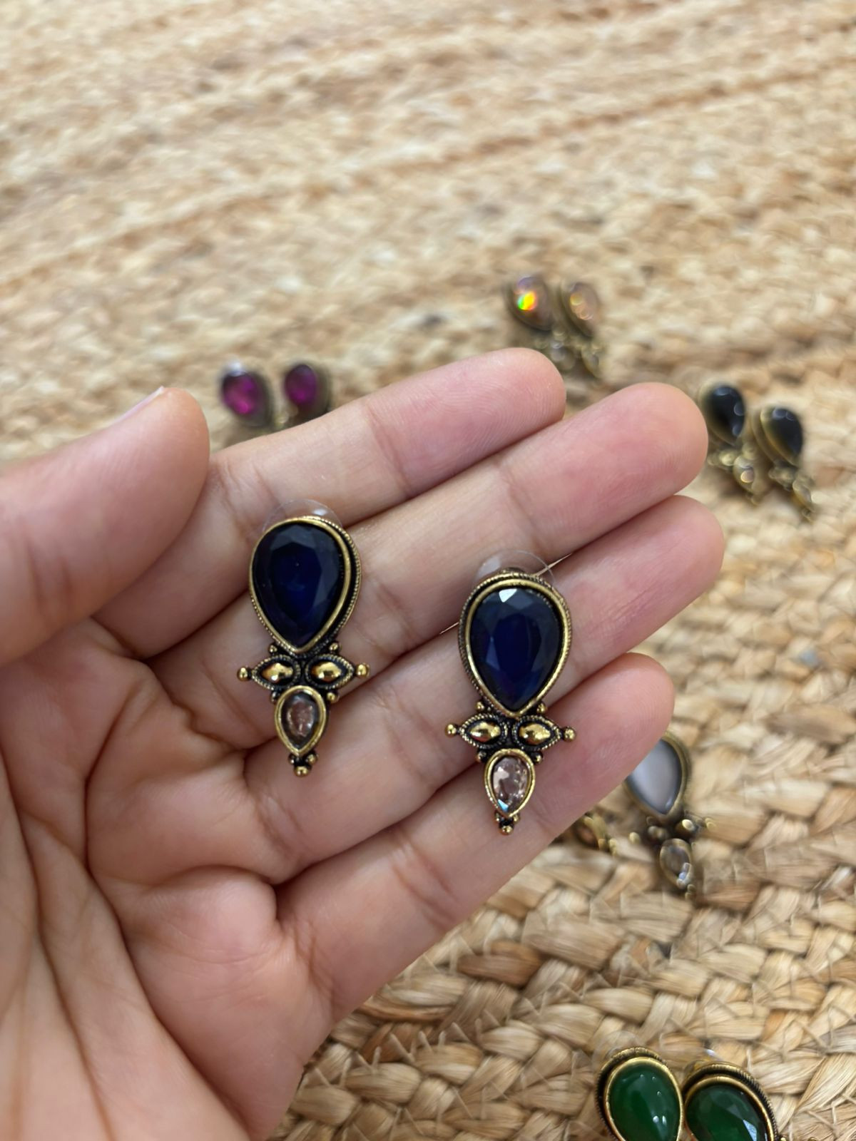 Metallic Oxidised Gold Earrings With Stone Settings - Dark Blue