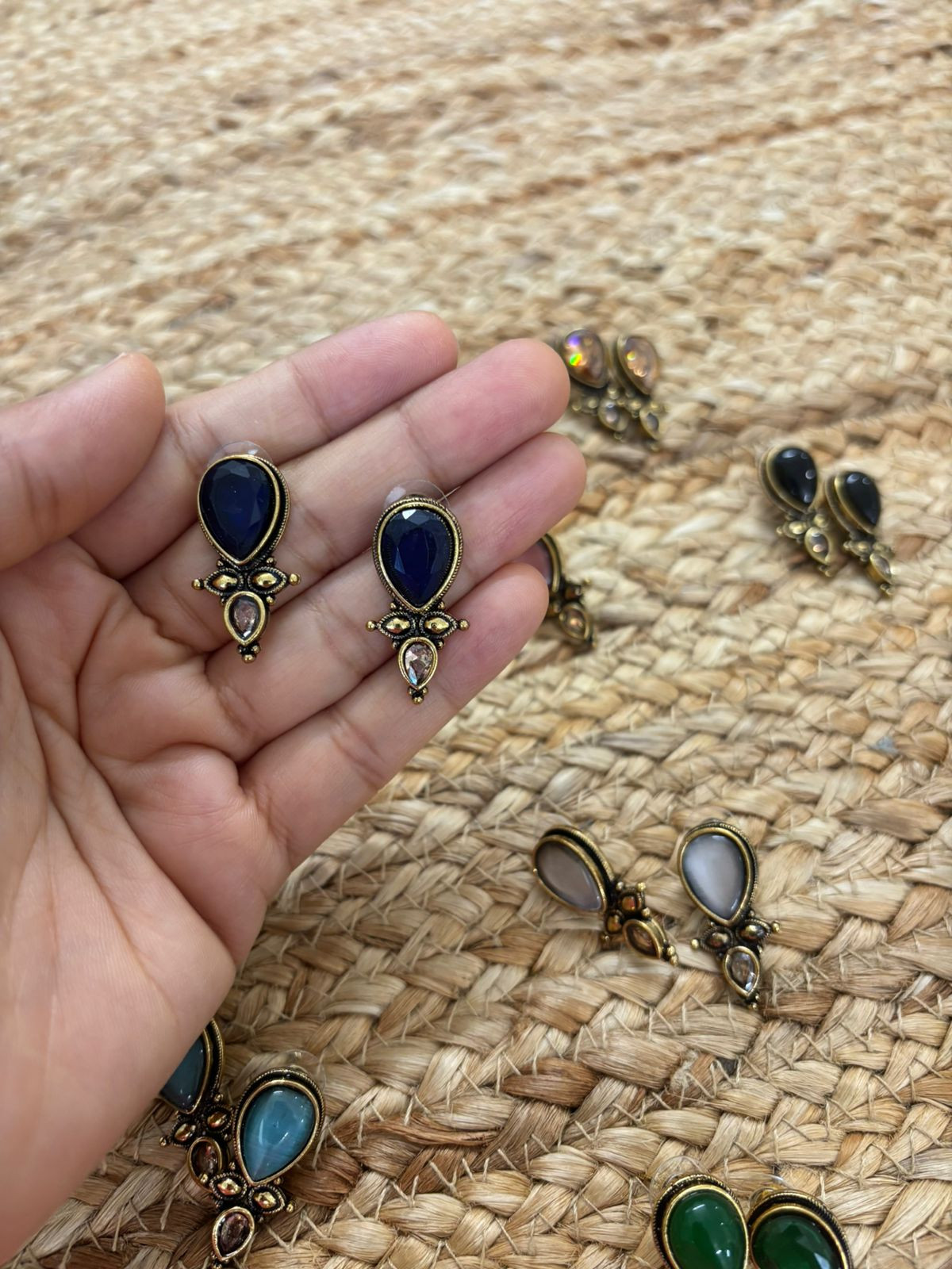 Metallic Oxidised Gold Earrings With Stone Settings - Dark Blue