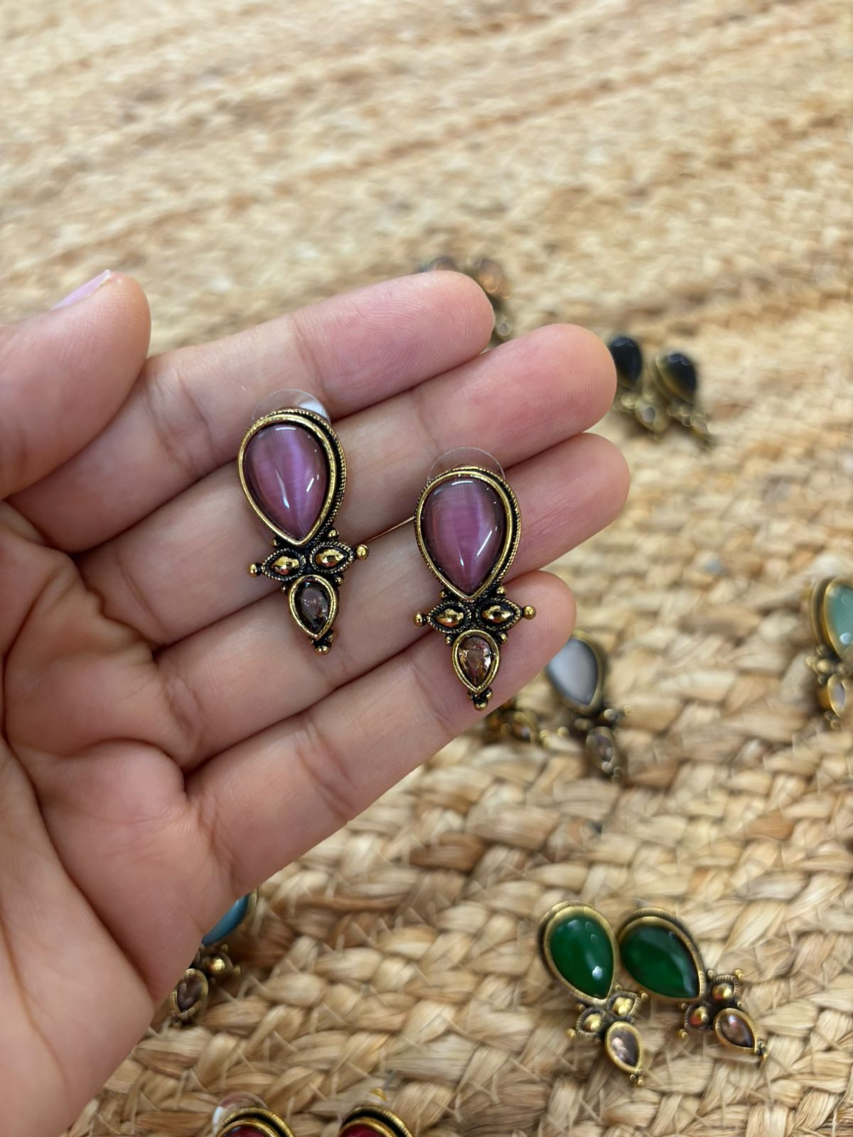 Metallic Oxidised Gold Earrings With Stone Settings - Pink