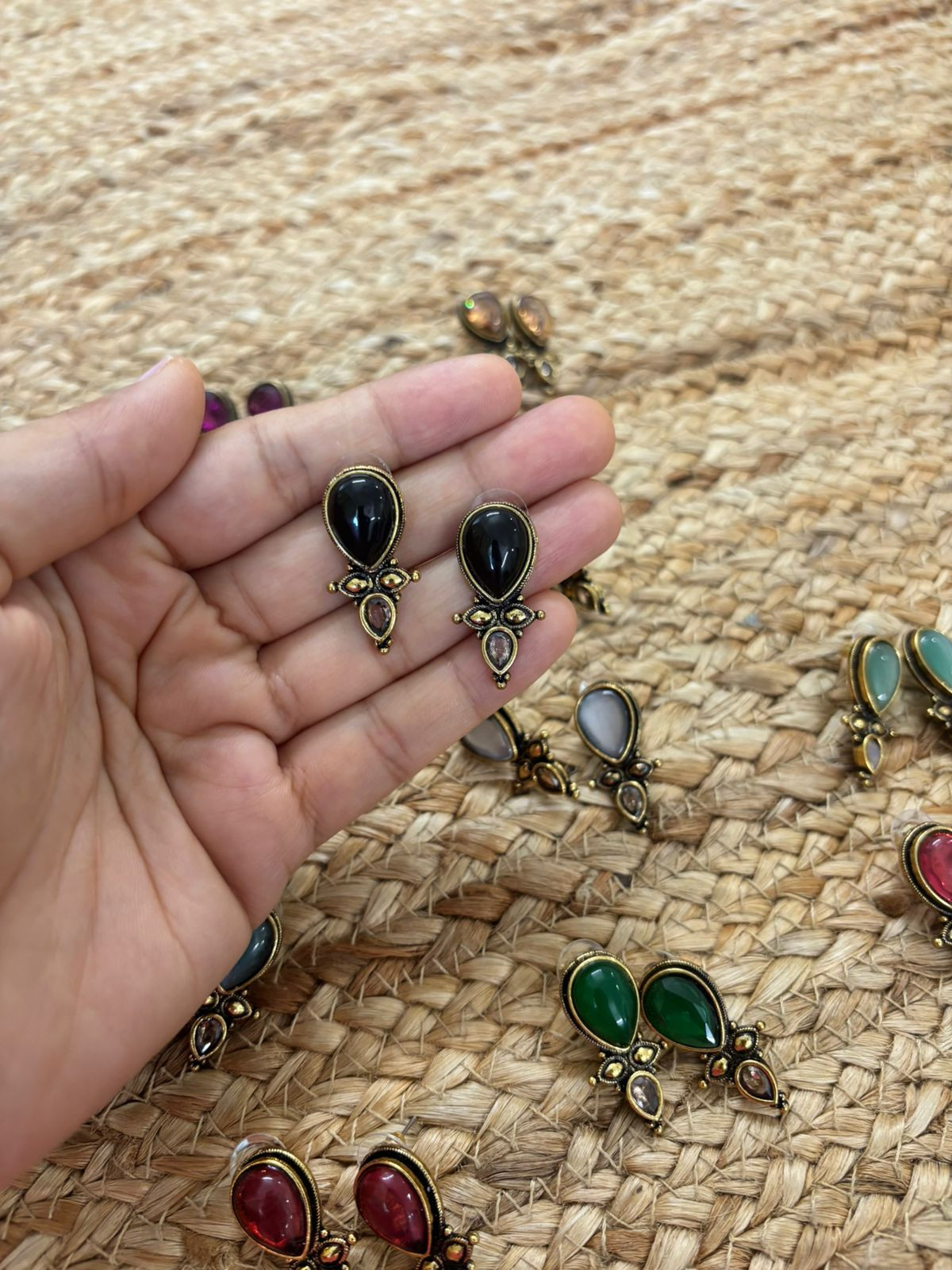 Metallic Oxidised Gold Earrings With Stone Settings - Black