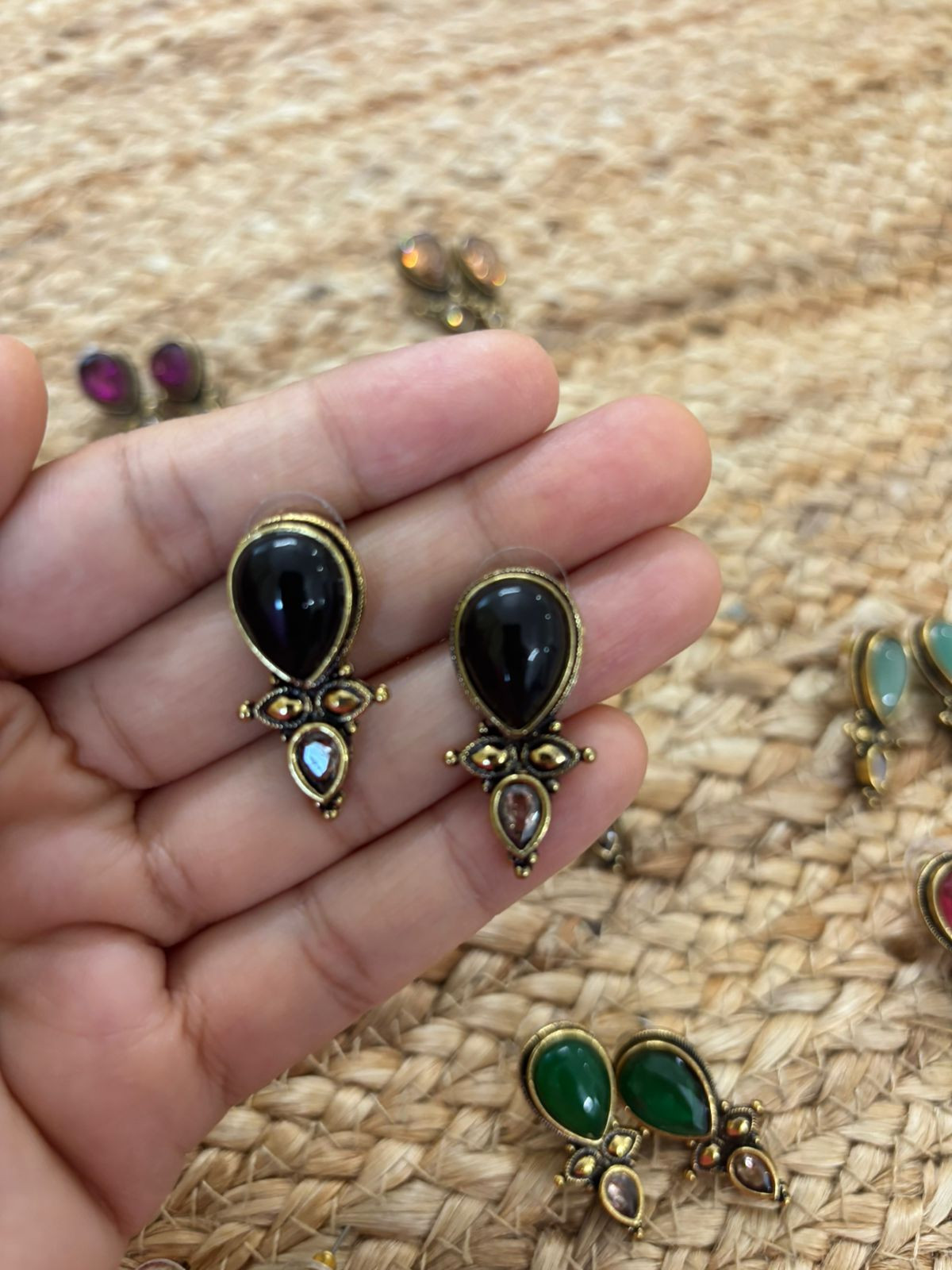 Metallic Oxidised Gold Earrings With Stone Settings - Black