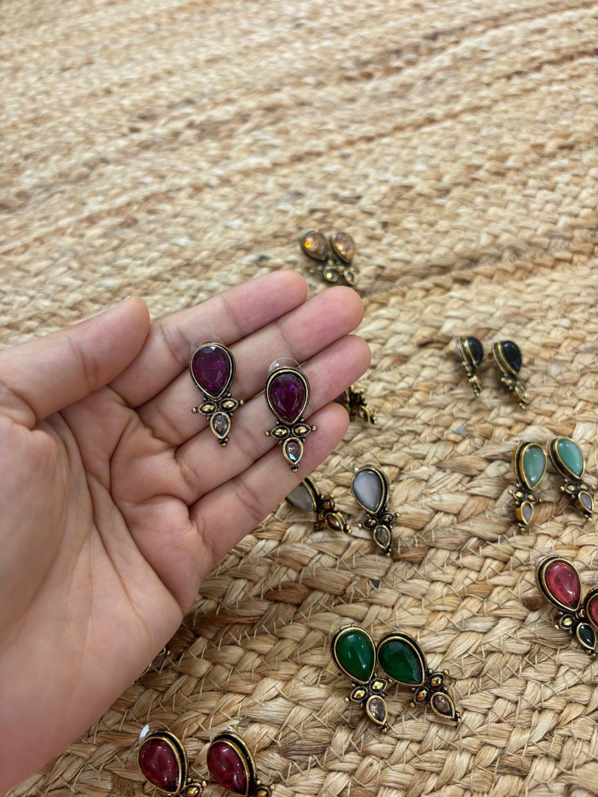 Metallic Oxidised Gold Earrings With Stone Settings - Wine