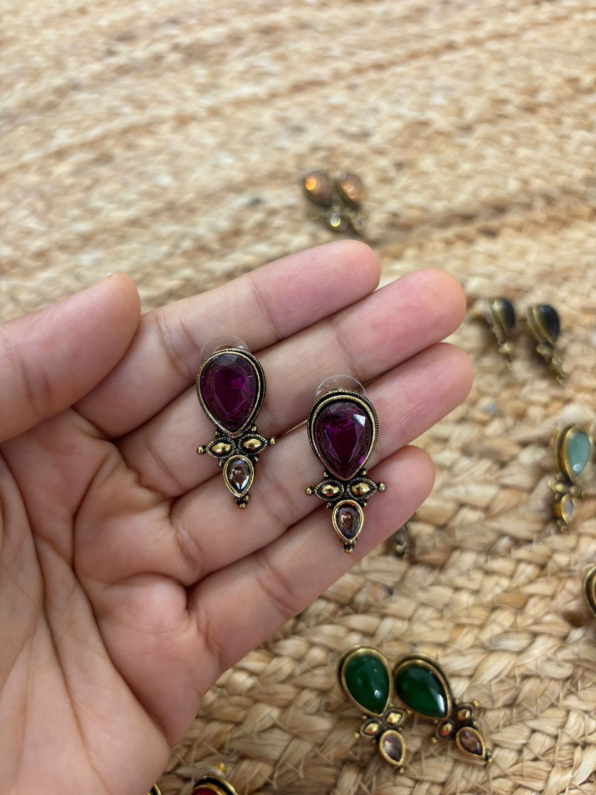 Metallic Oxidised Gold Earrings With Stone Settings - Wine
