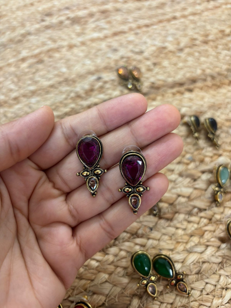 Image of Metallic Oxidised Gold Earrings With Stone Settings - Wine