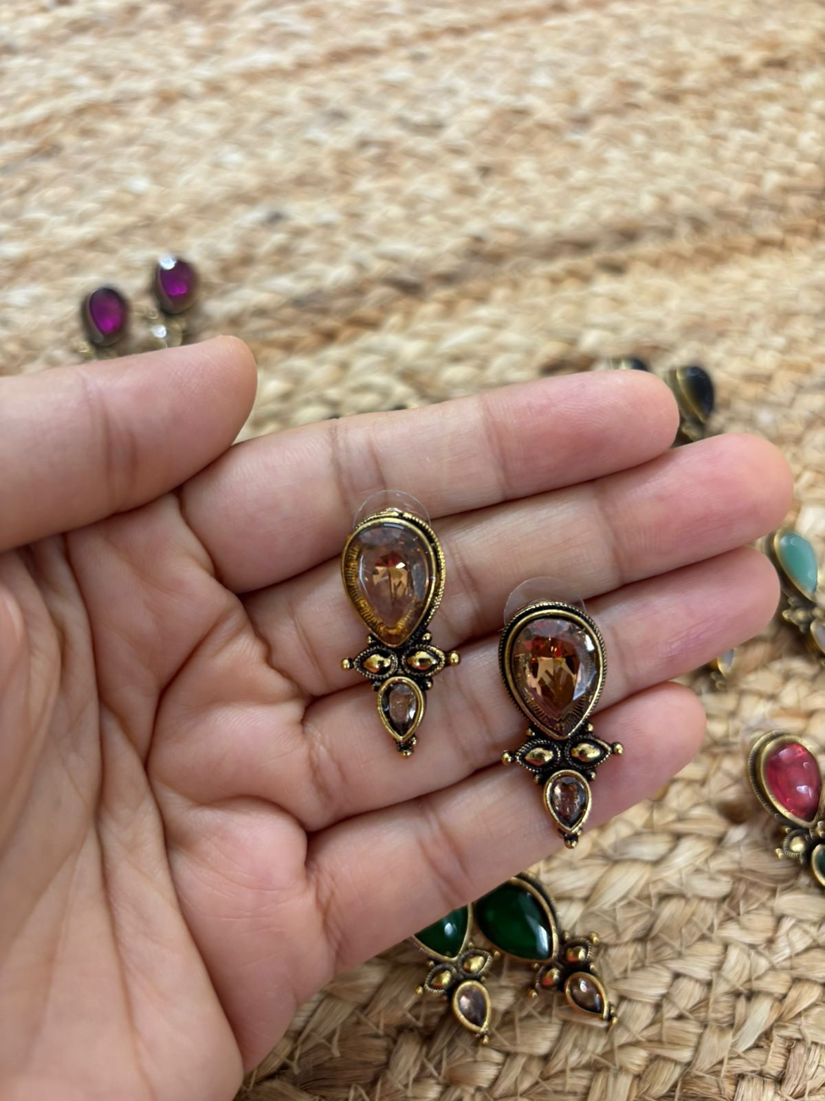 Metallic Oxidised Gold Earrings With Stone Settings - Gold