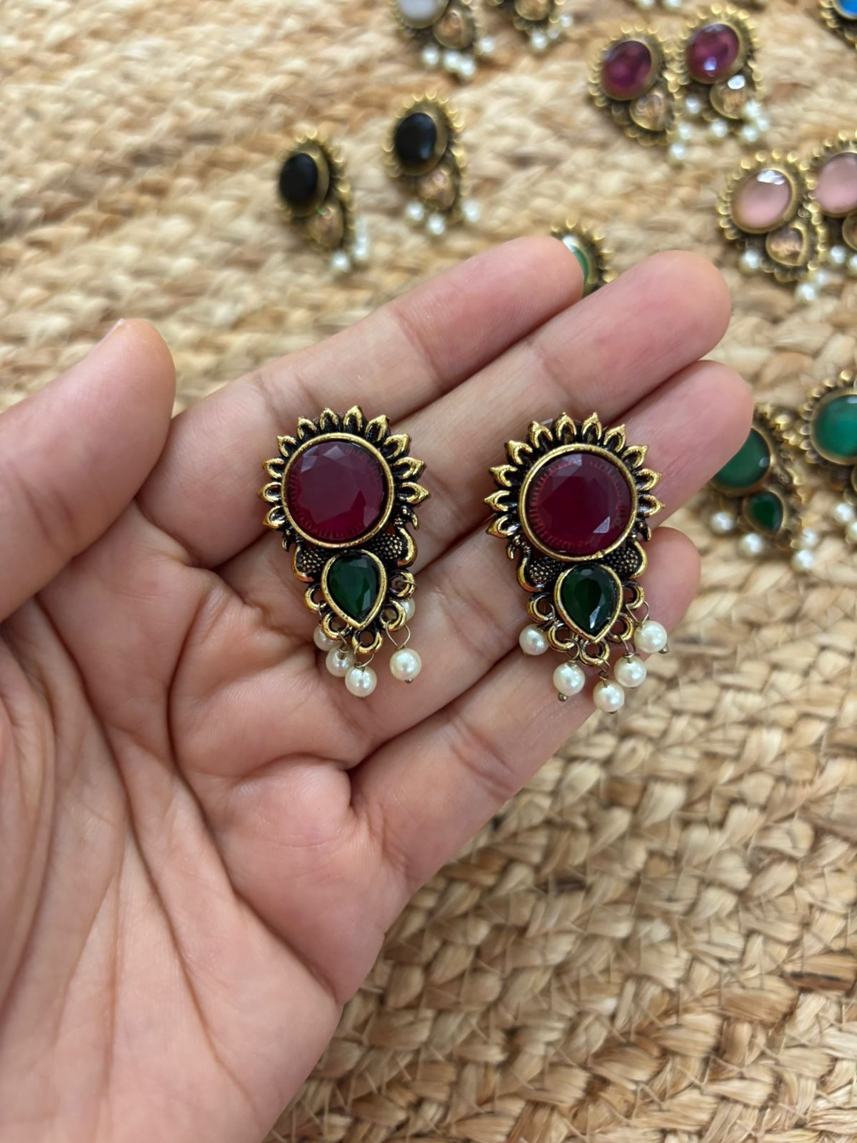 Metallic Oxidised Gold Earrings With Stone Settings - Maroon-Green