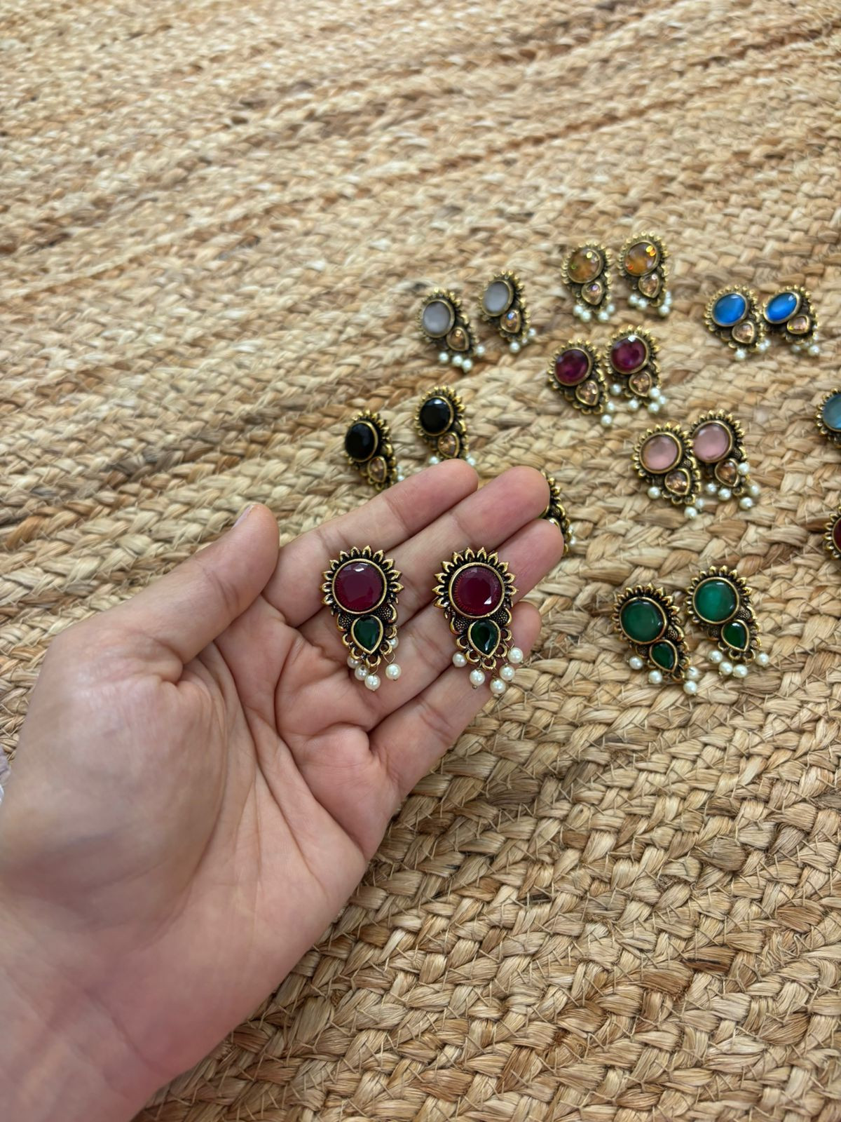 Metallic Oxidised Gold Earrings With Stone Settings - Maroon-Green