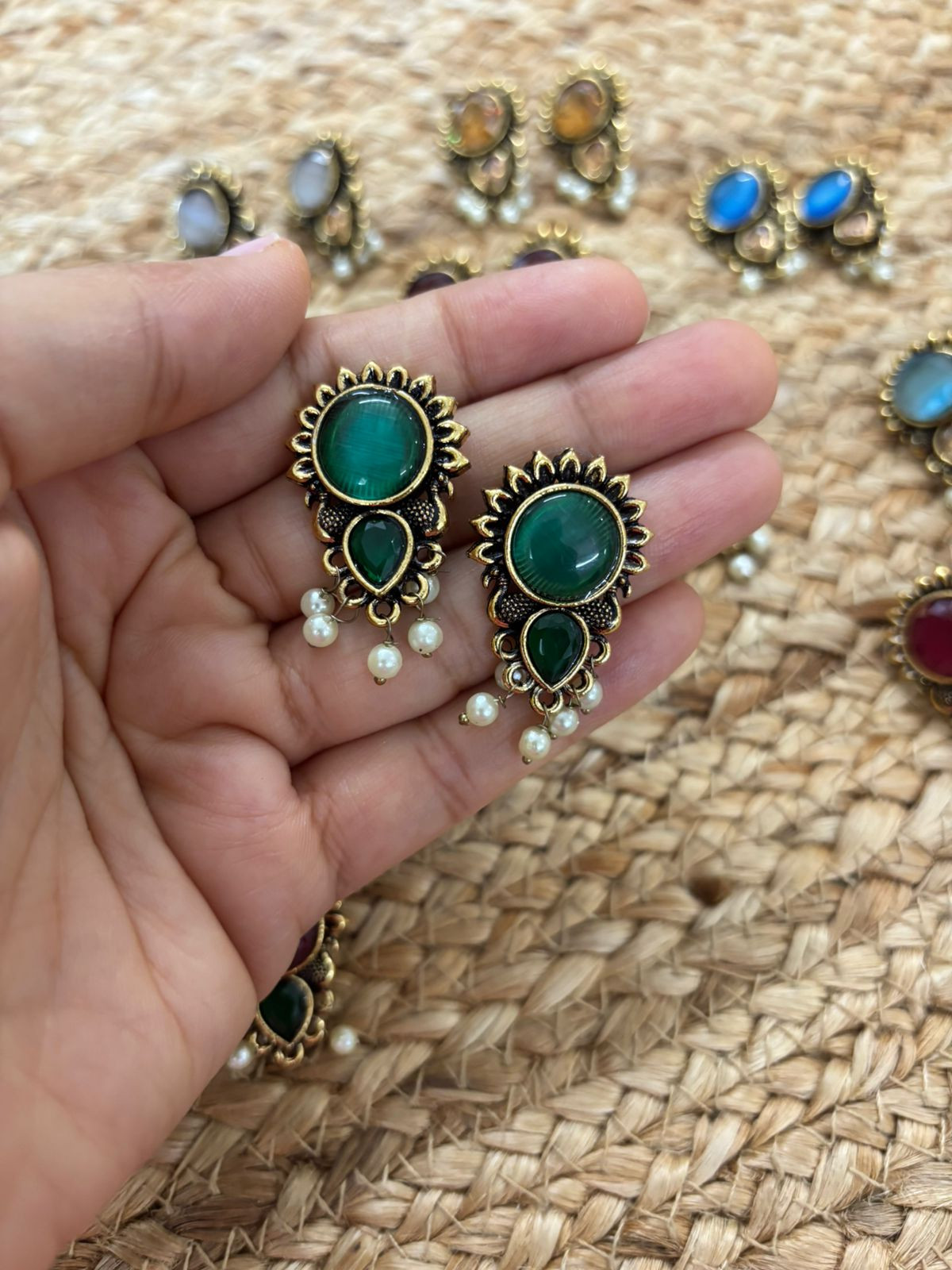 Metallic Oxidised Gold Earrings With Stone Settings - Green