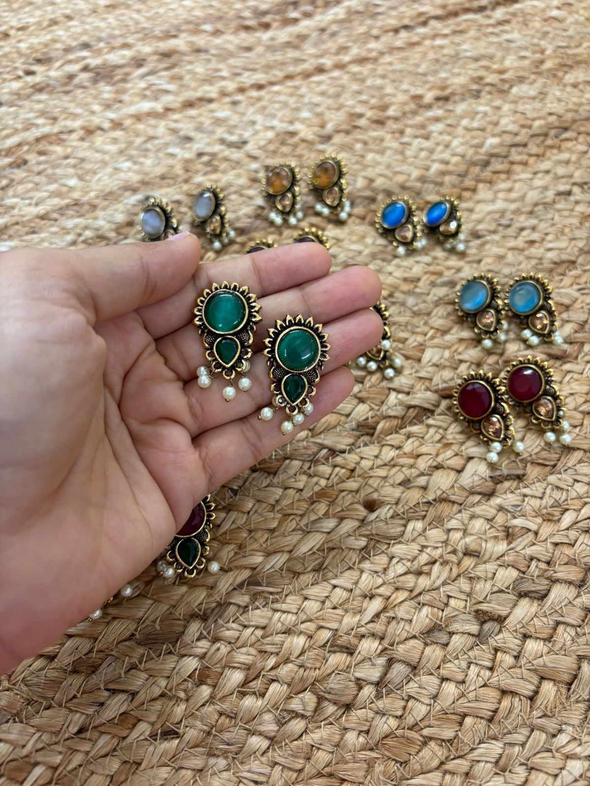 Metallic Oxidised Gold Earrings With Stone Settings - Green