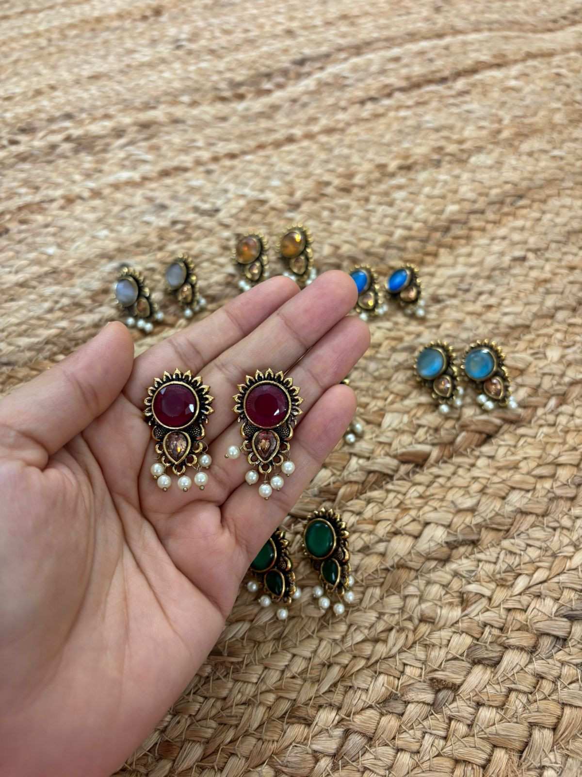 Metallic Oxidised Gold Earrings With Stone Settings - Maroon