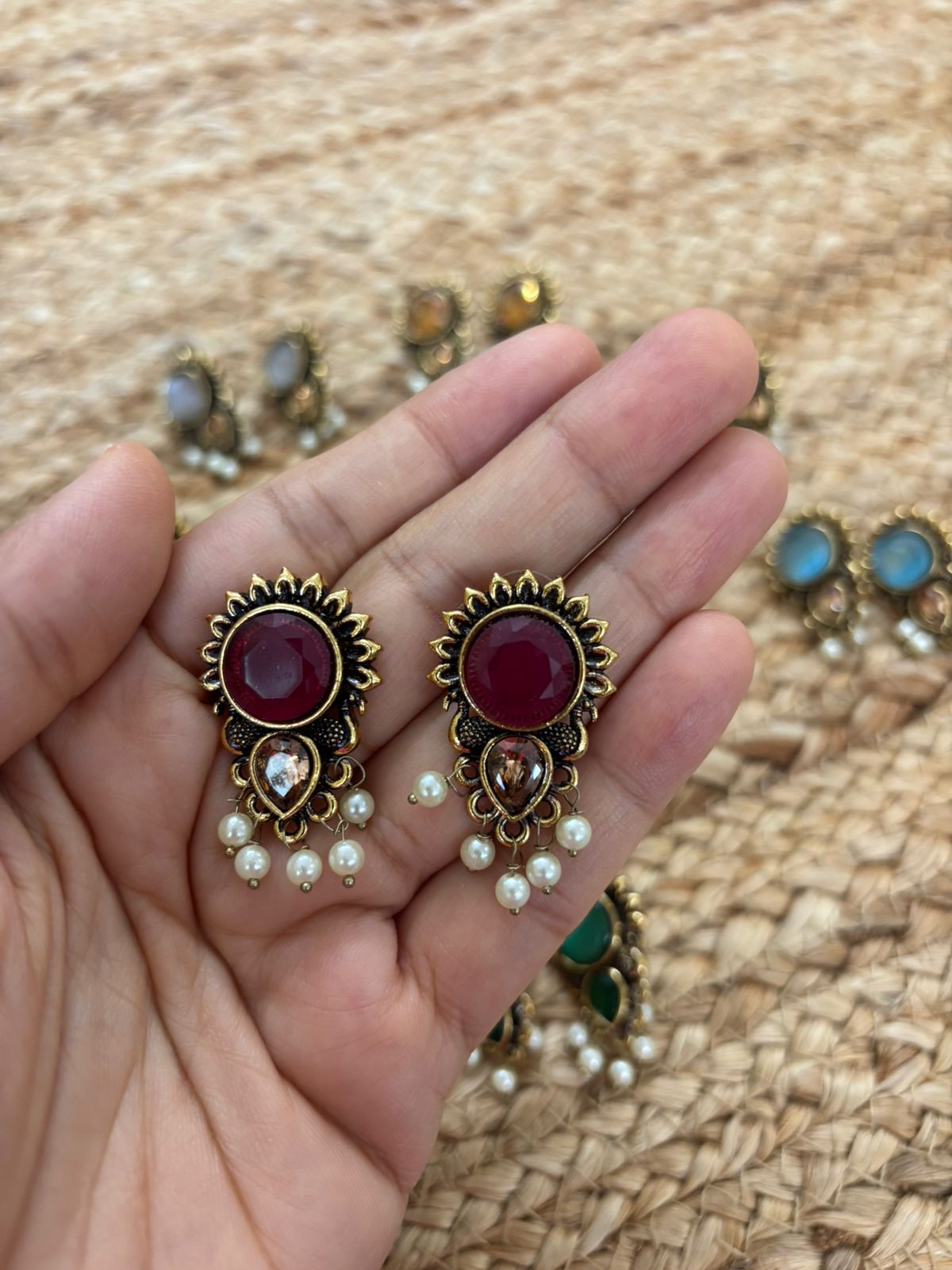 Metallic Oxidised Gold Earrings With Stone Settings - Maroon