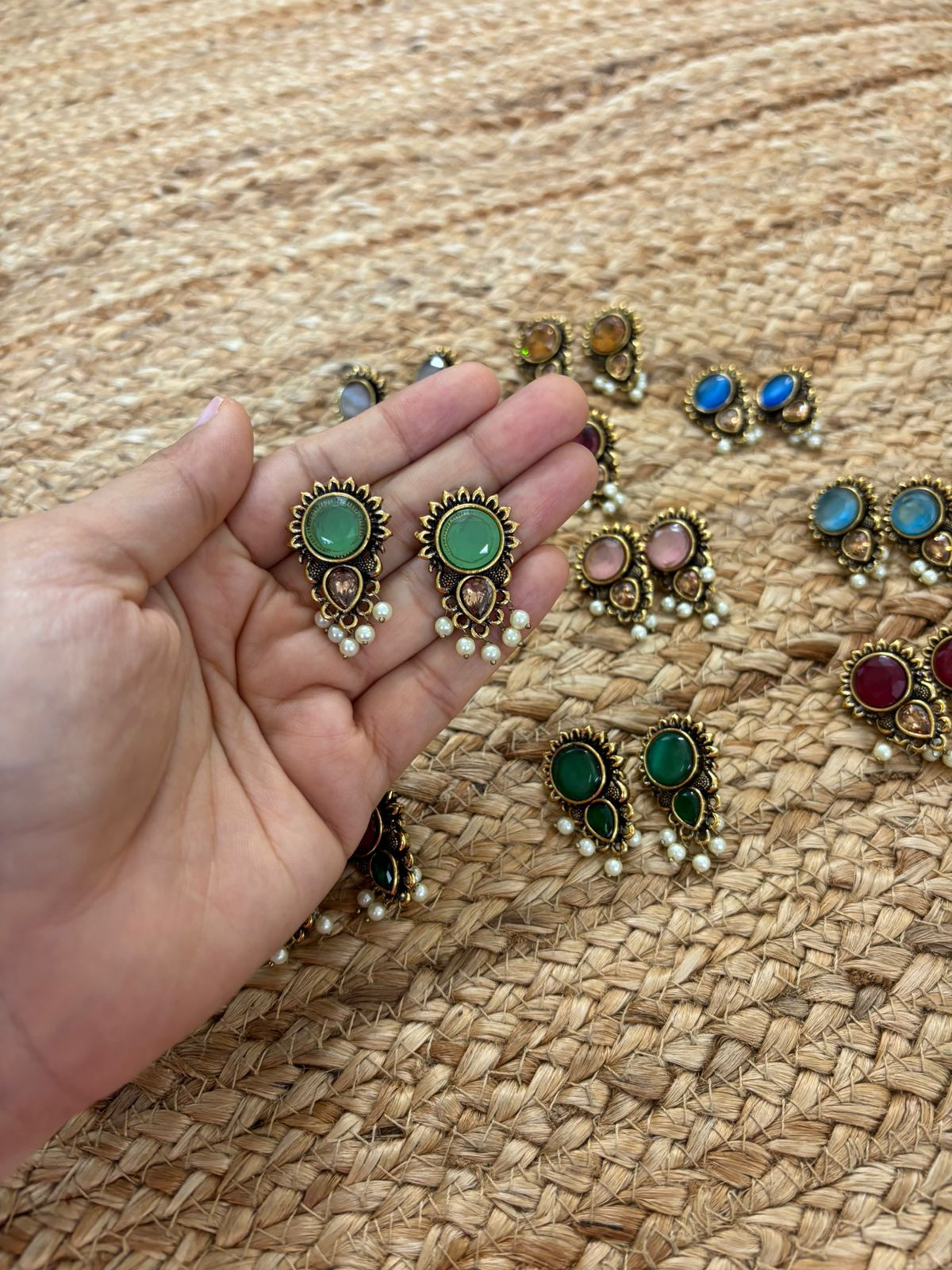 Metallic Oxidised Gold Earrings With Stone Settings - Sea Green