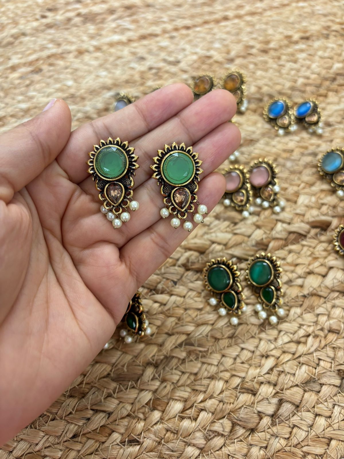 Metallic Oxidised Gold Earrings With Stone Settings - Sea Green