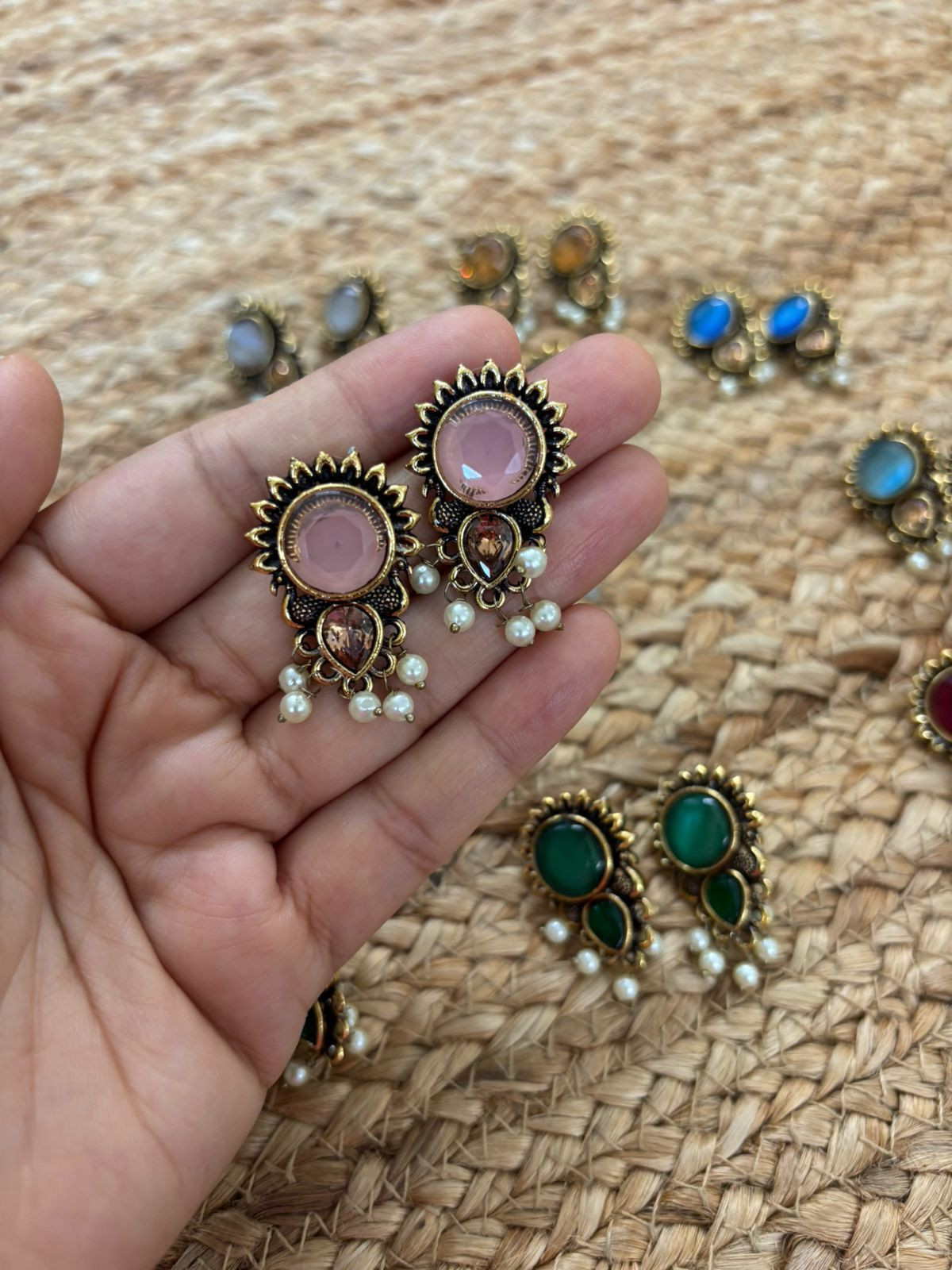 Metallic Oxidised Gold Earrings With Stone Settings - Pink