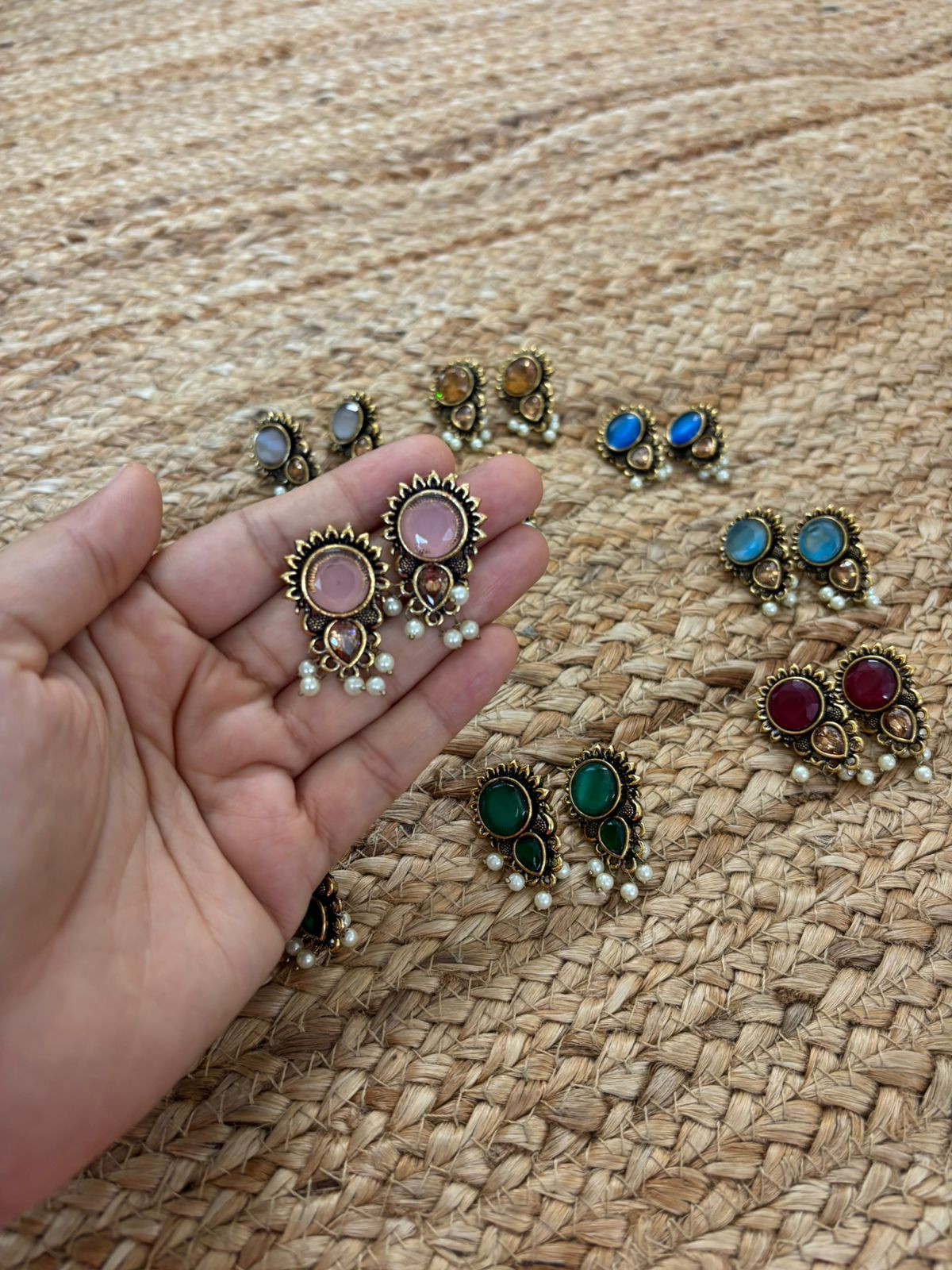 Metallic Oxidised Gold Earrings With Stone Settings - Pink