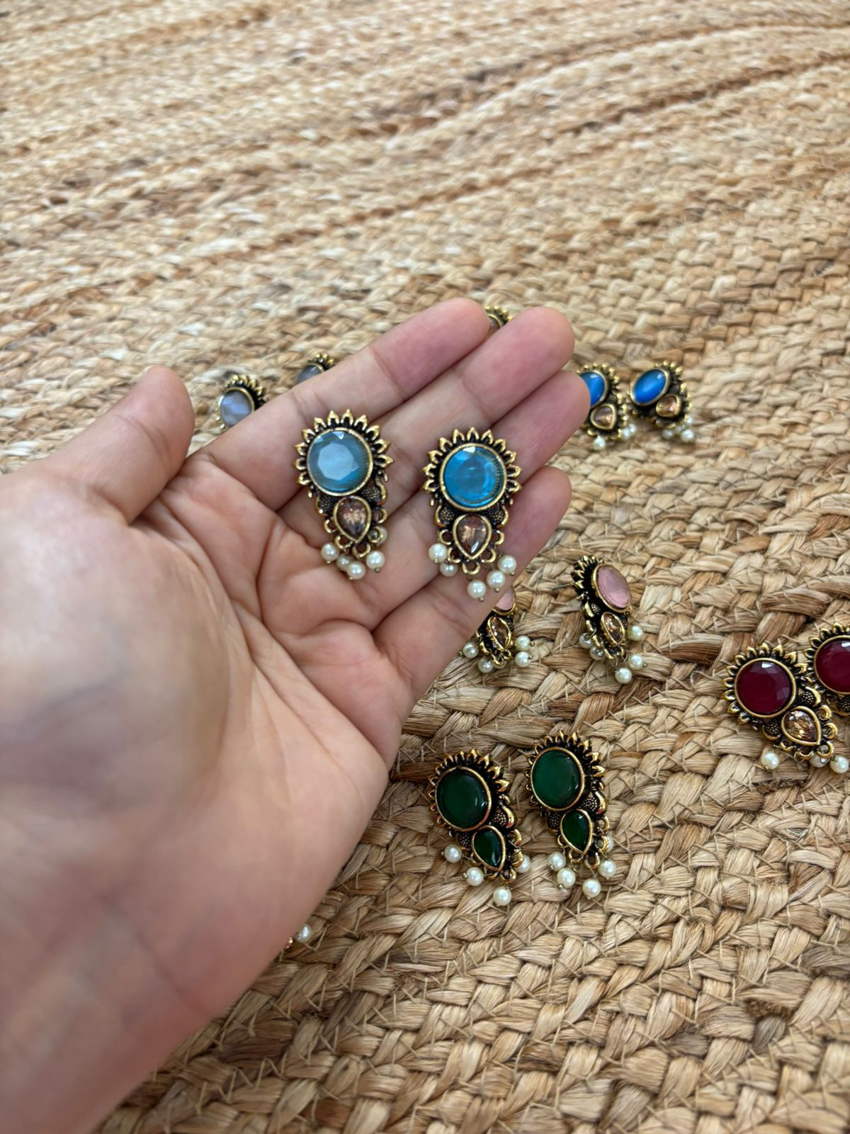 Metallic Oxidised Gold Earrings With Stone Settings - Sea Blue