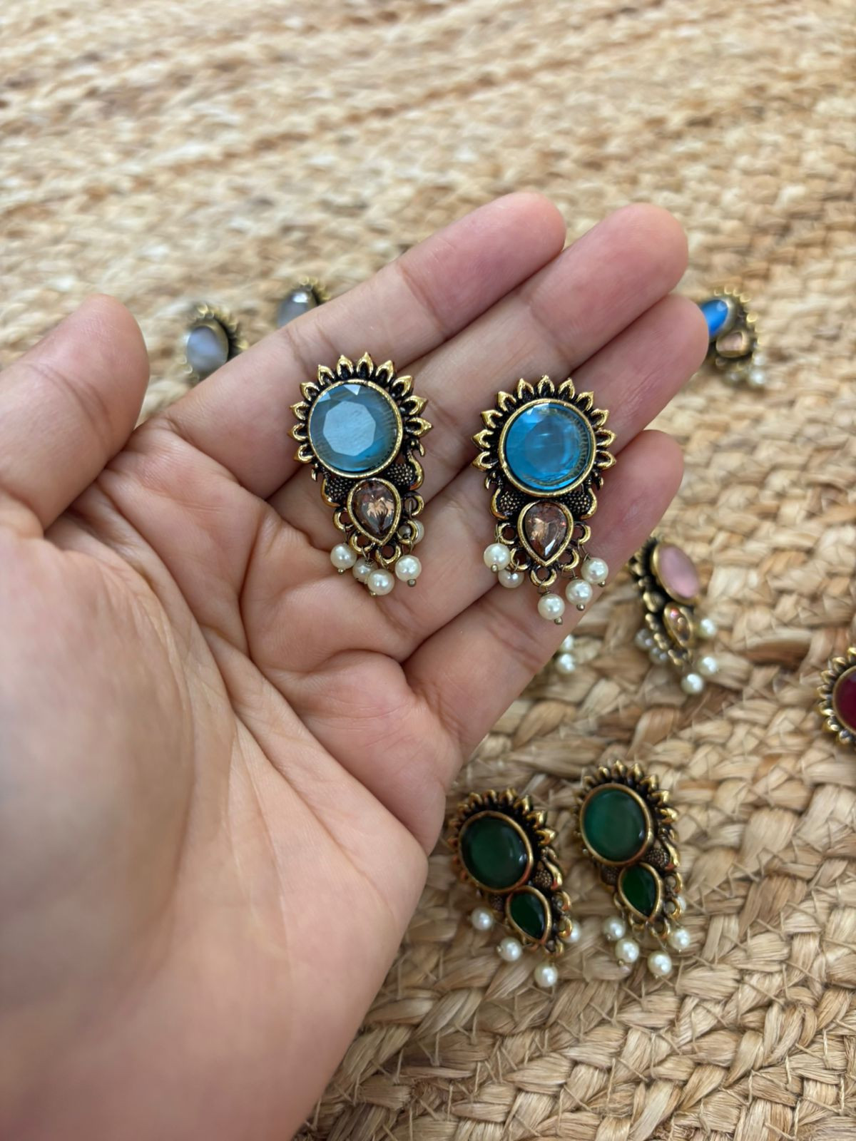 Metallic Oxidised Gold Earrings With Stone Settings - Sea Blue