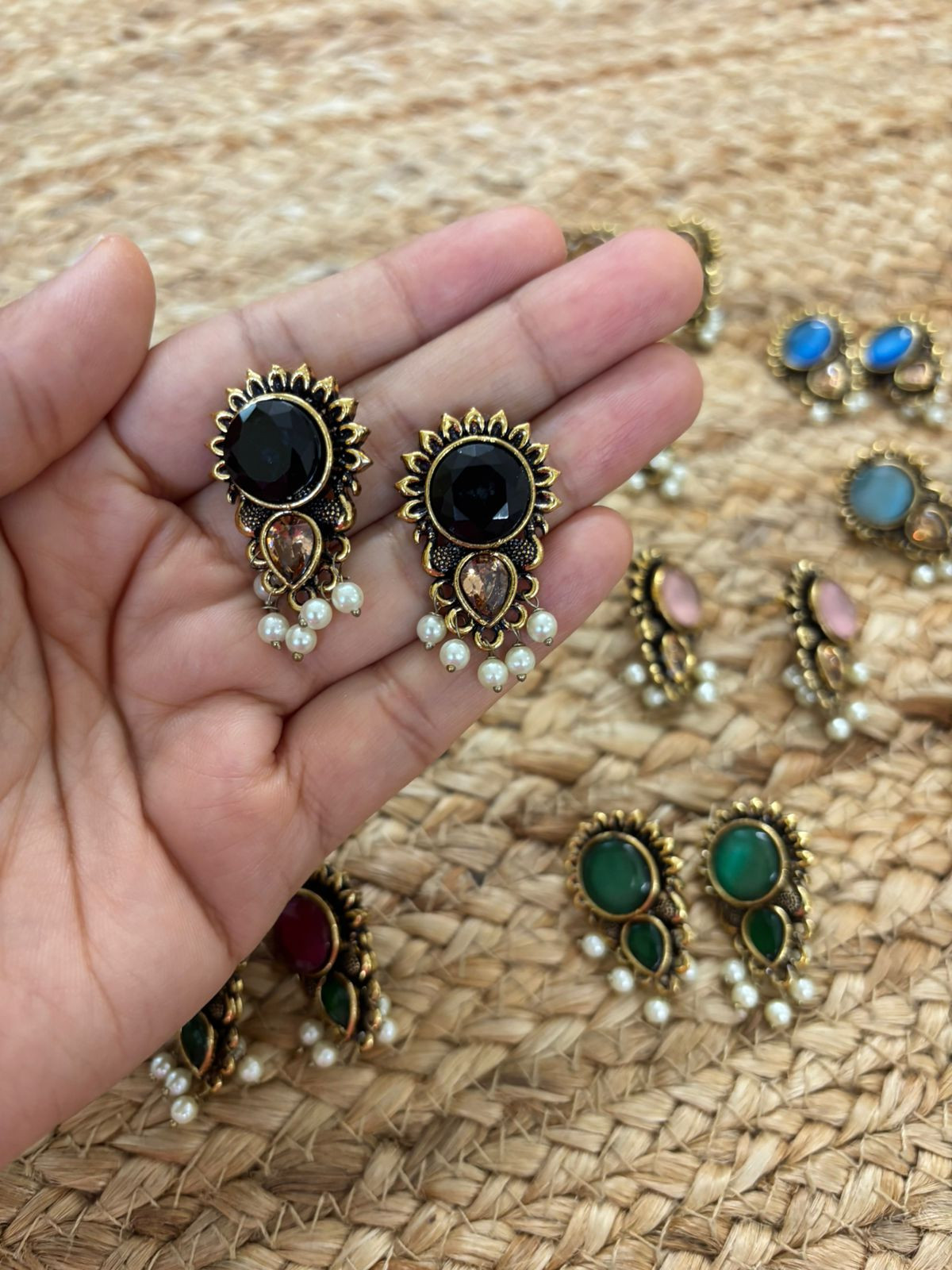 Metallic Oxidised Gold Earrings With Stone Settings - Black