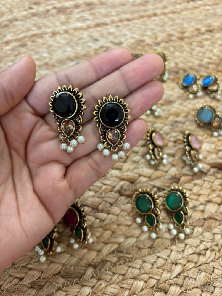 Image of Metallic Oxidised Gold Earrings With Stone Settings - Black