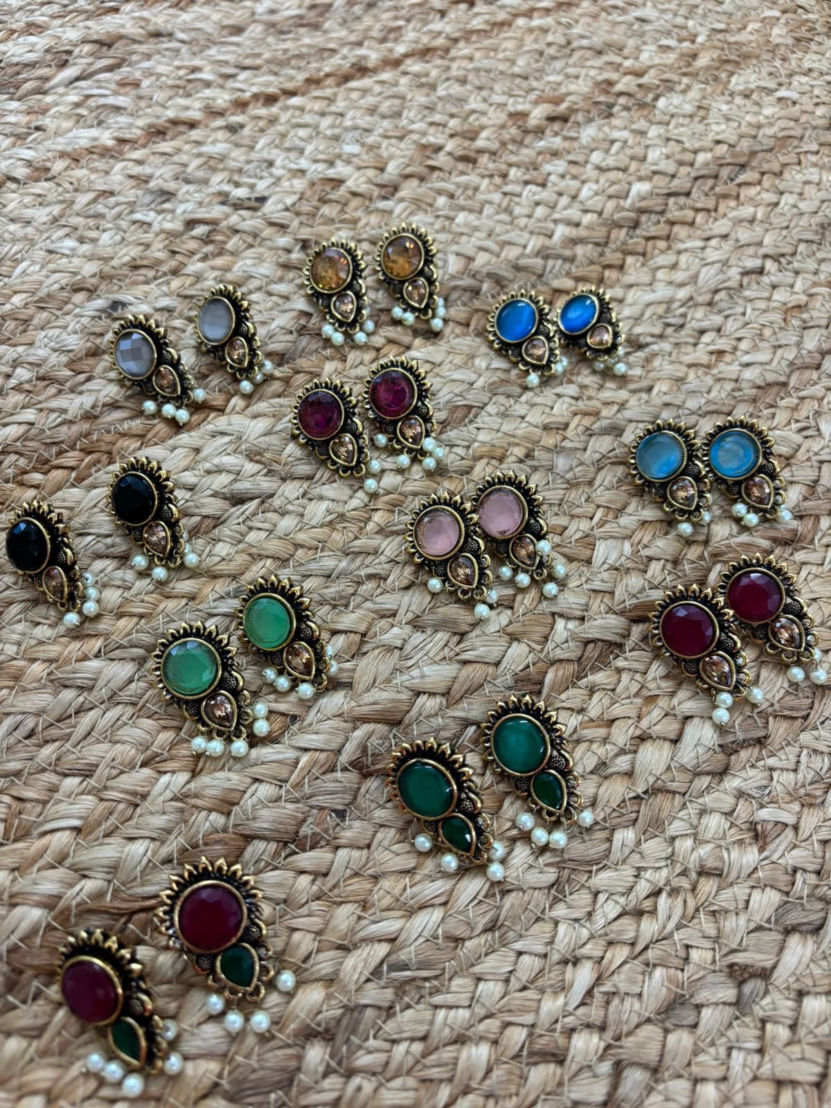 Metallic Oxidised Gold Earrings With Stone Settings - Black