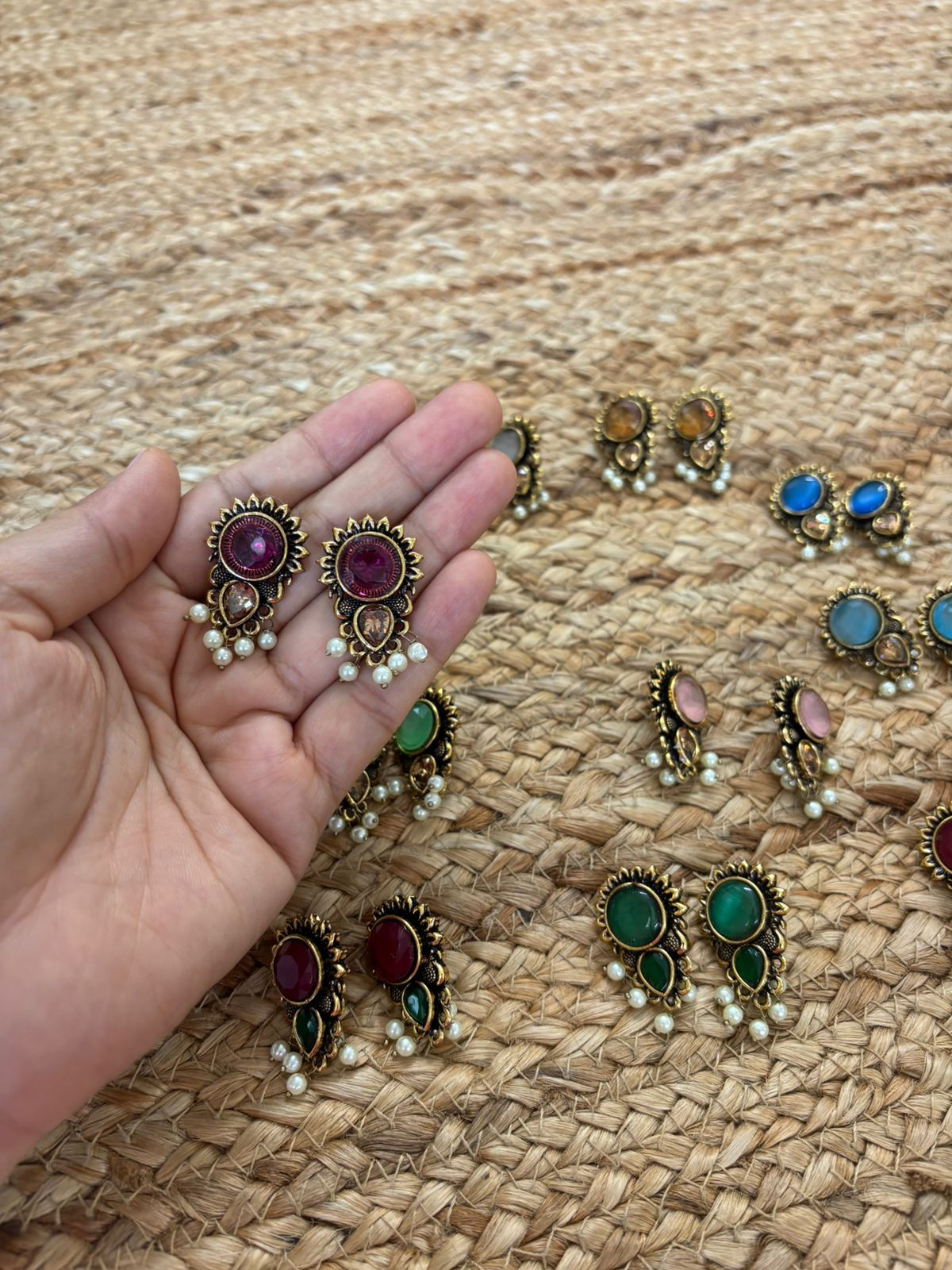Metallic Oxidised Gold Earrings With Stone Settings - Wine