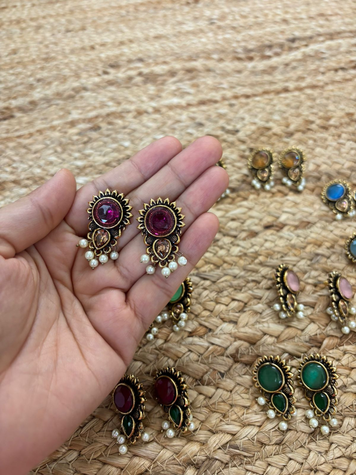 Metallic Oxidised Gold Earrings With Stone Settings - Wine