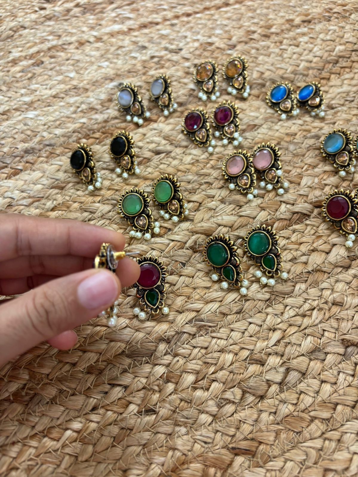 Metallic Oxidised Gold Earrings With Stone Settings - Wine